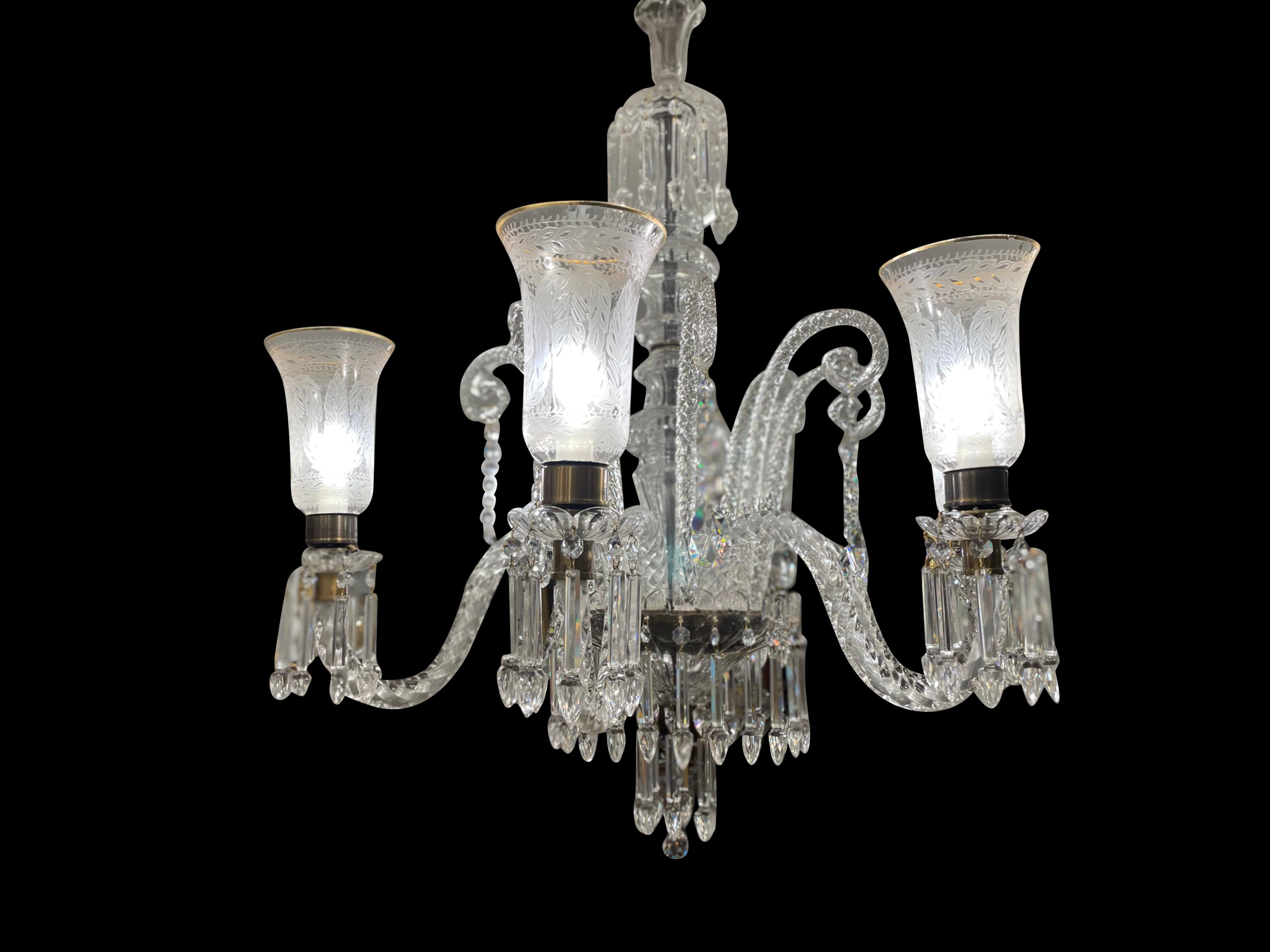 Cut Crystal Chandelier with Engraved Hurricane Shades, 20th Century For Sale 2