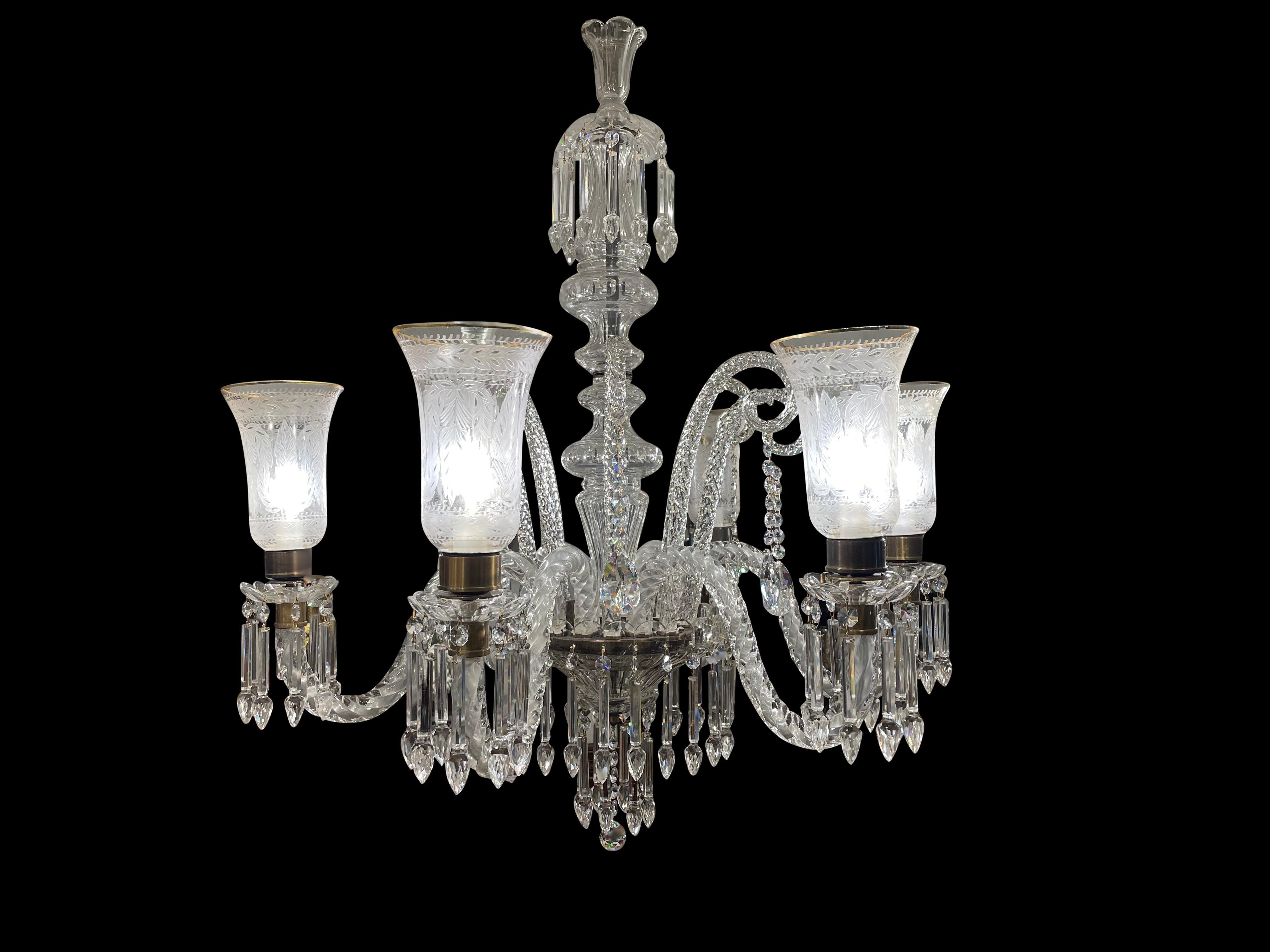 Cut Crystal Chandelier with Engraved Hurricane Shades, 20th Century For Sale 3
