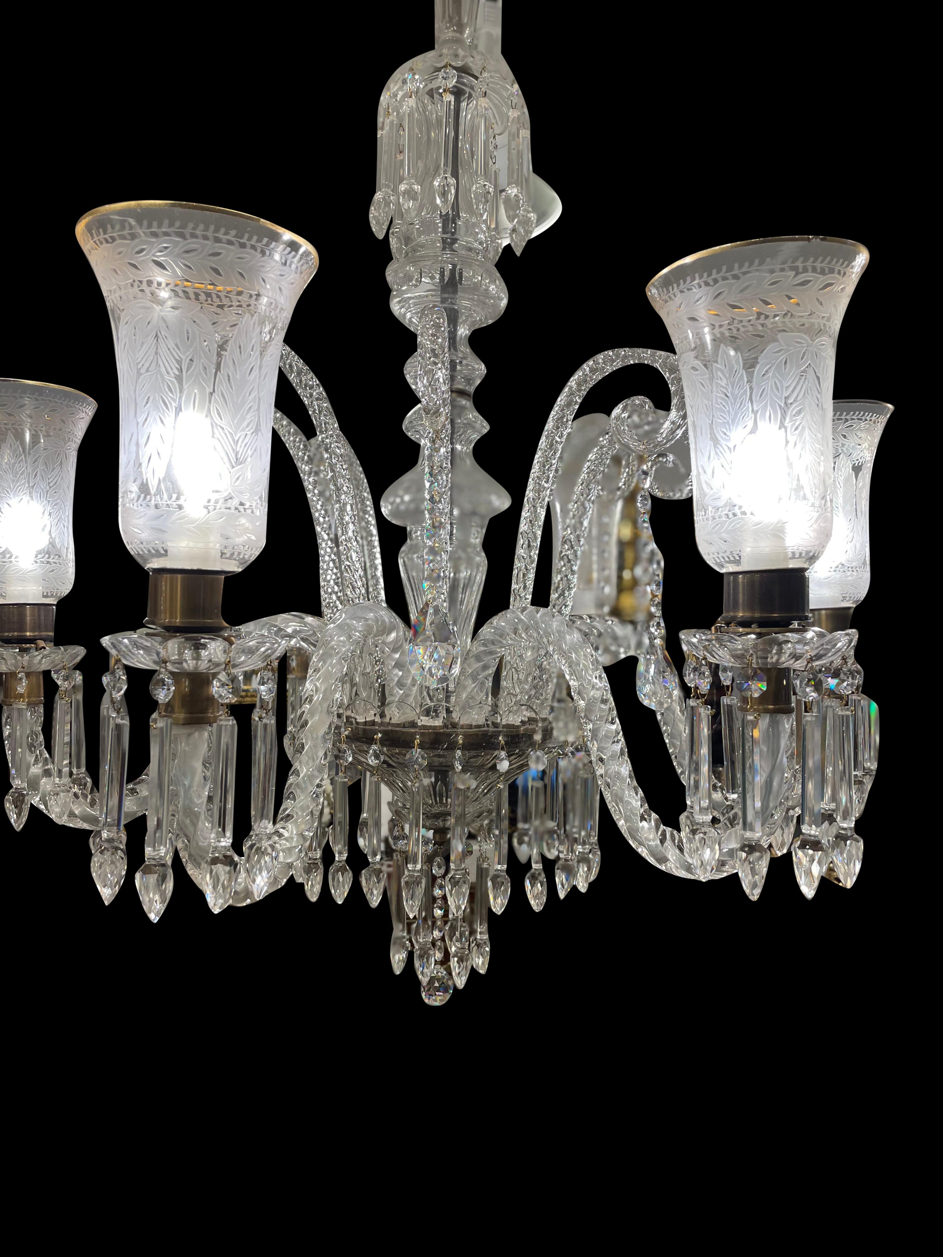 Cut Crystal Chandelier with Engraved Hurricane Shades, 20th Century For Sale 4
