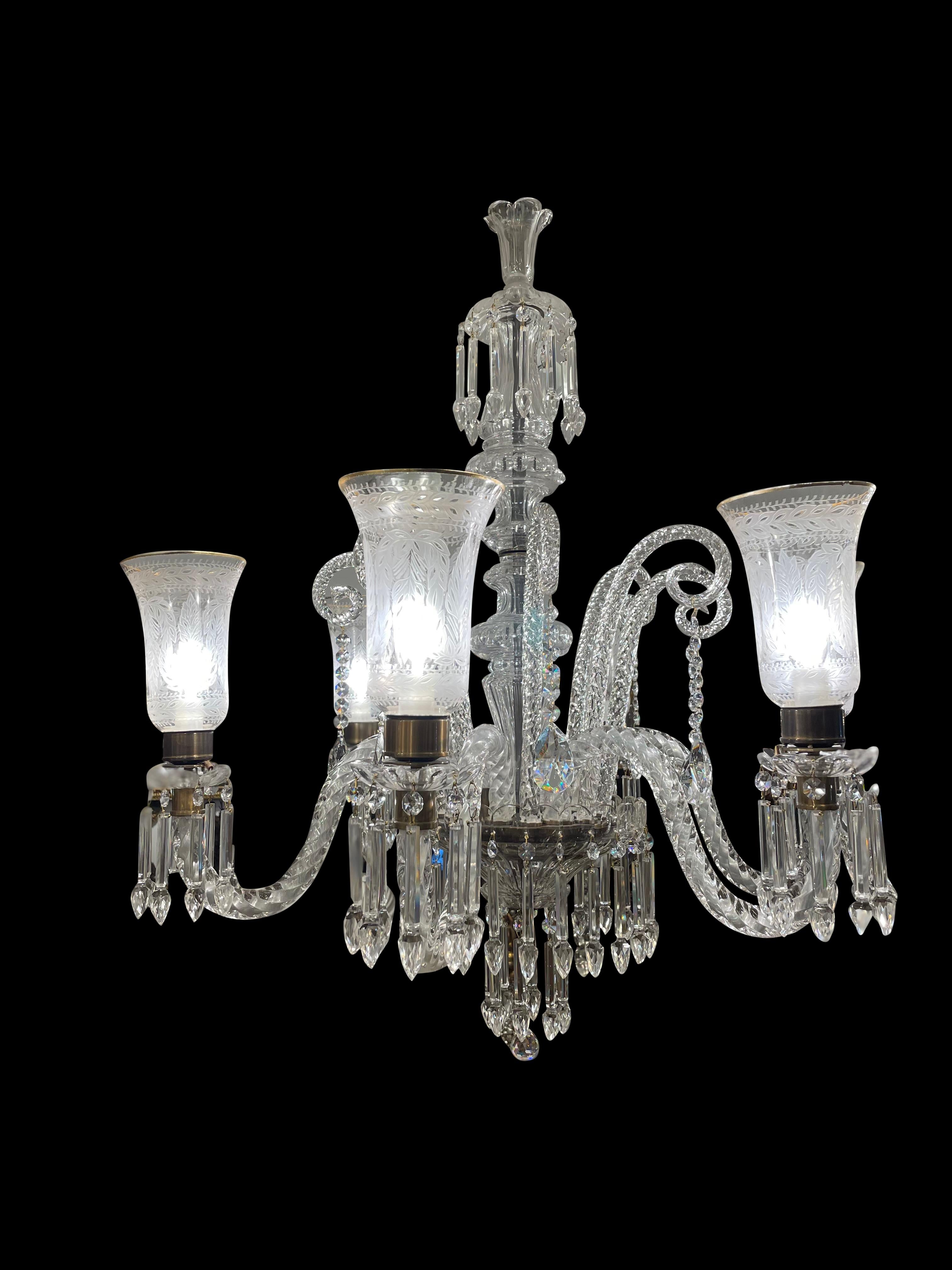 Cut Crystal Chandelier with Engraved Hurricane Shades, 20th Century For Sale 5