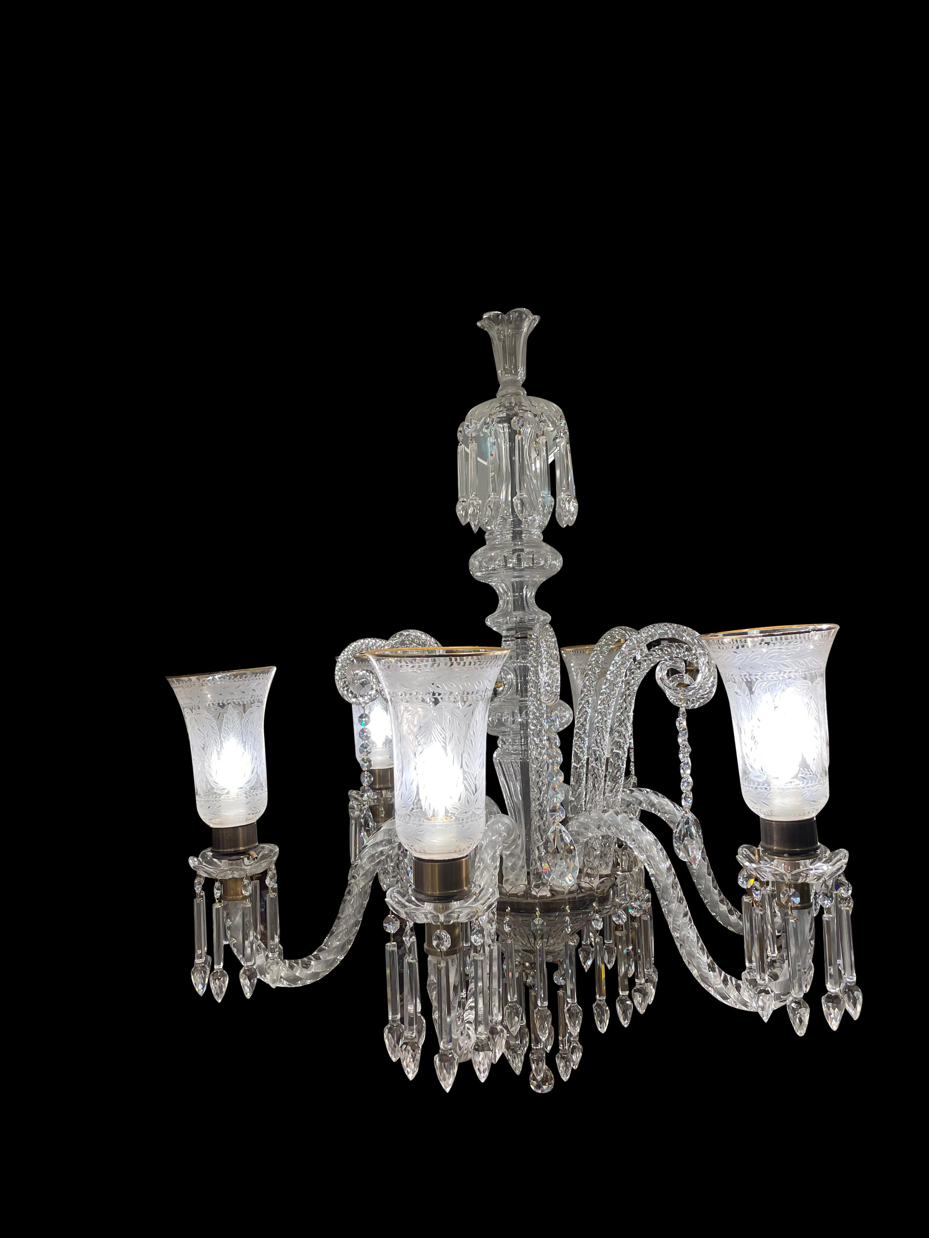 Cut Crystal Chandelier with Engraved Hurricane Shades, 20th Century For Sale 6