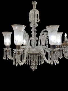 Cut Crystal Chandelier with Engraved Hurricane Shades, 20th Century