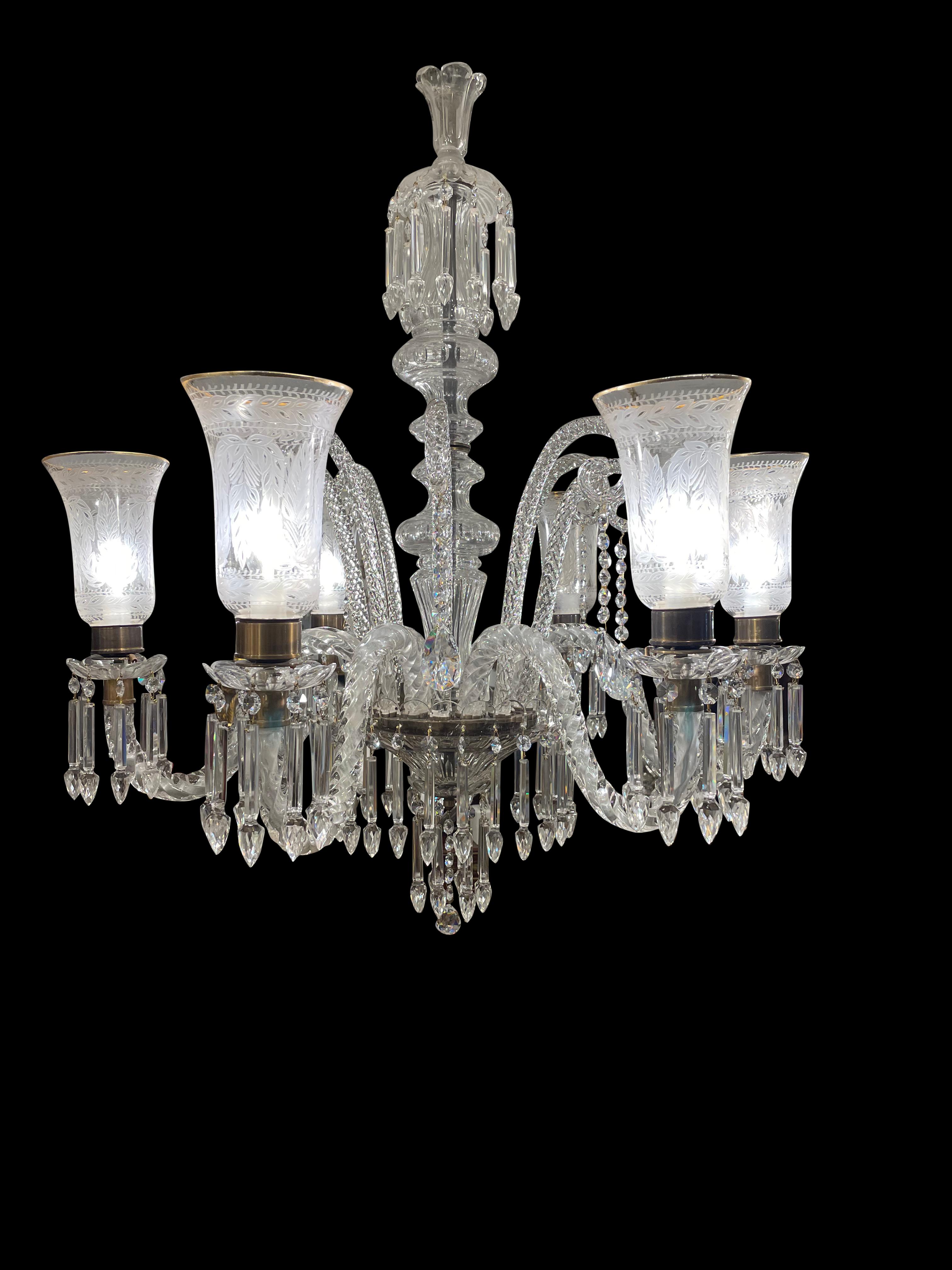 European Cut Crystal Chandelier with Engraved Hurricane Shades, 20th Century For Sale