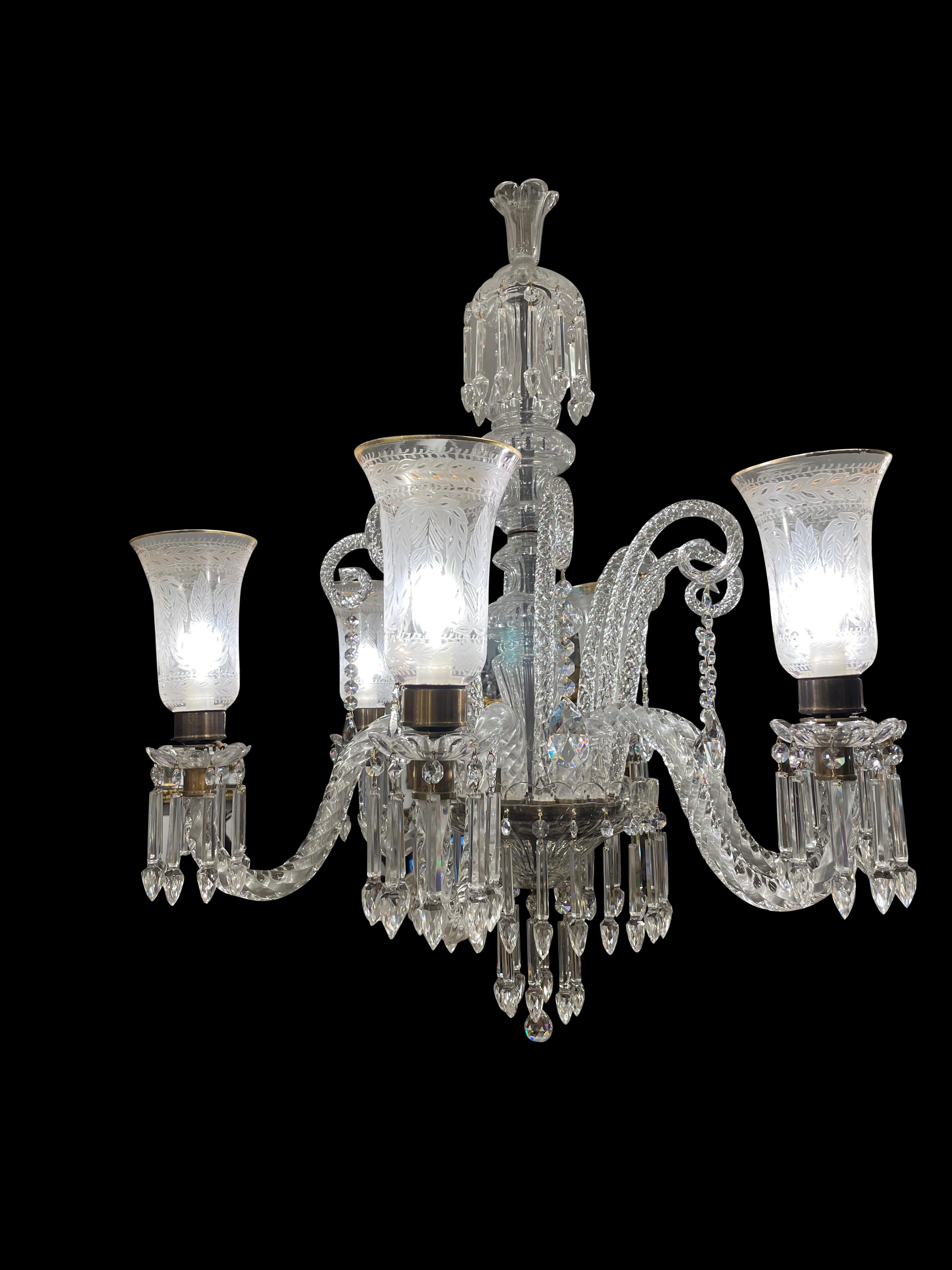 Cut Crystal Chandelier with Engraved Hurricane Shades, 20th Century In Excellent Condition For Sale In London, GB