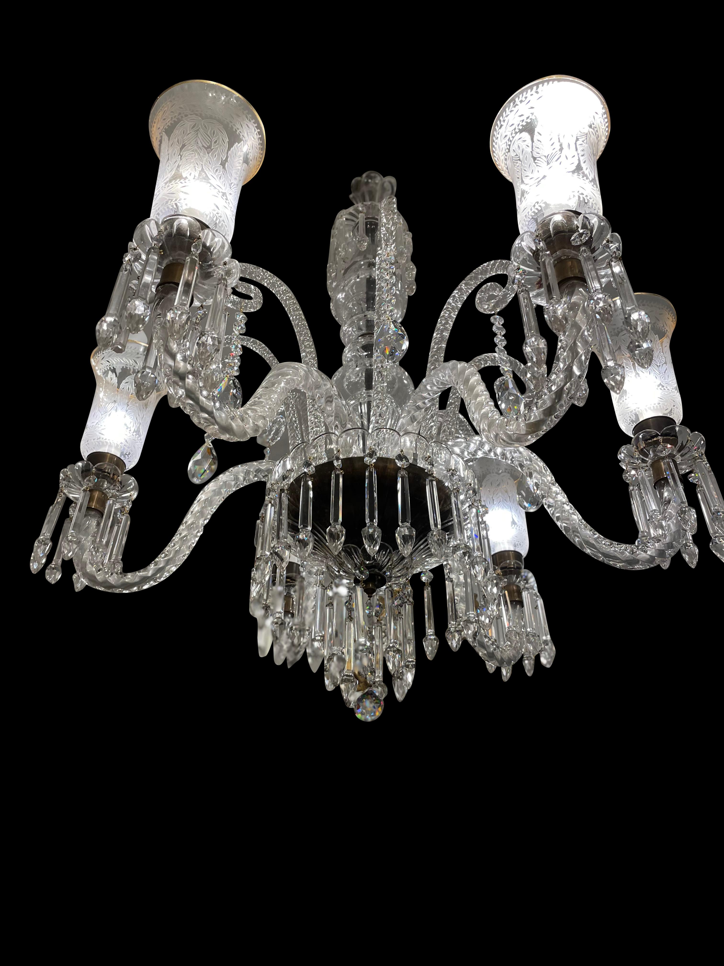 Cut Glass Cut Crystal Chandelier with Engraved Hurricane Shades, 20th Century For Sale