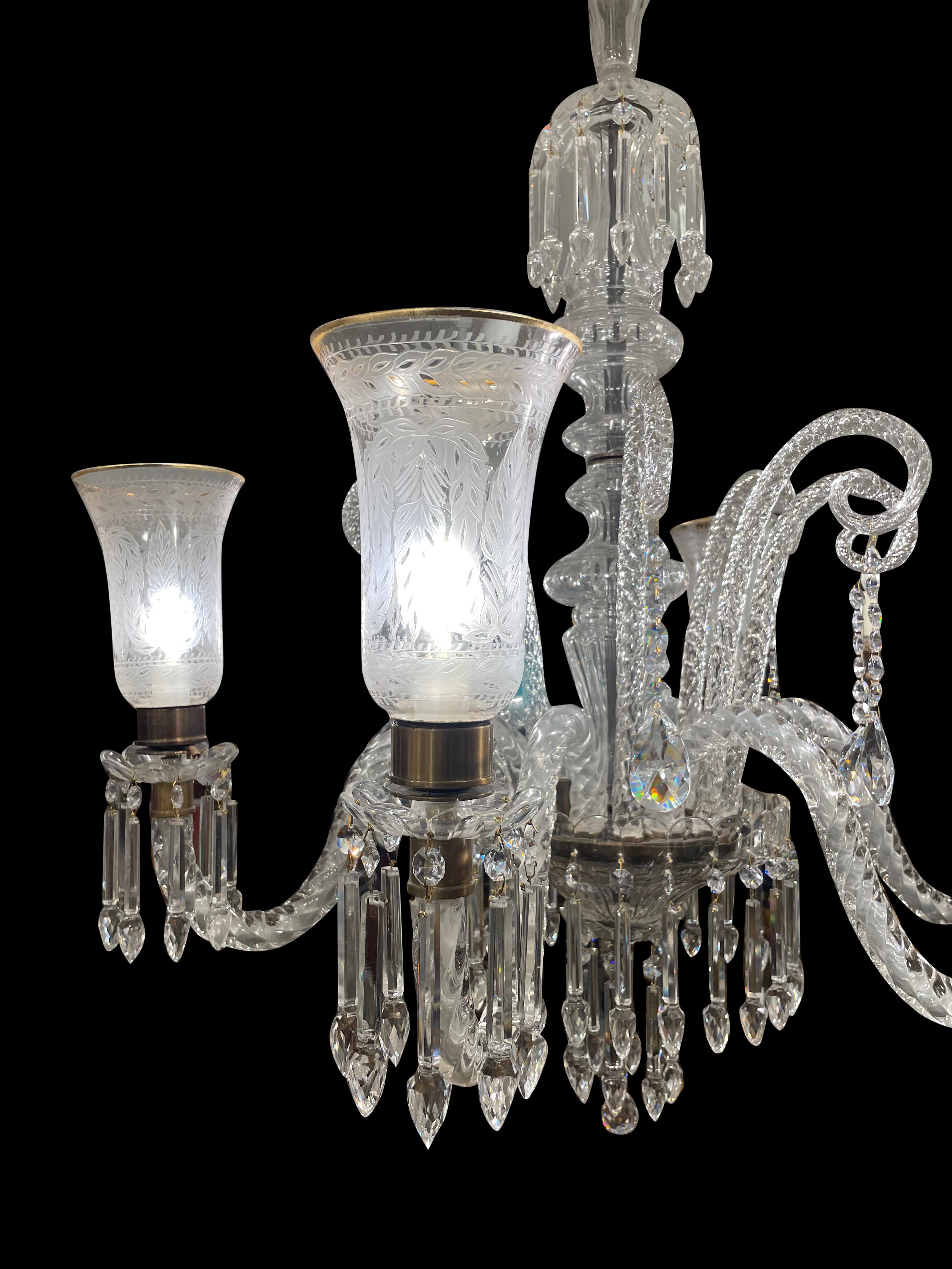 Cut Crystal Chandelier with Engraved Hurricane Shades, 20th Century For Sale 1