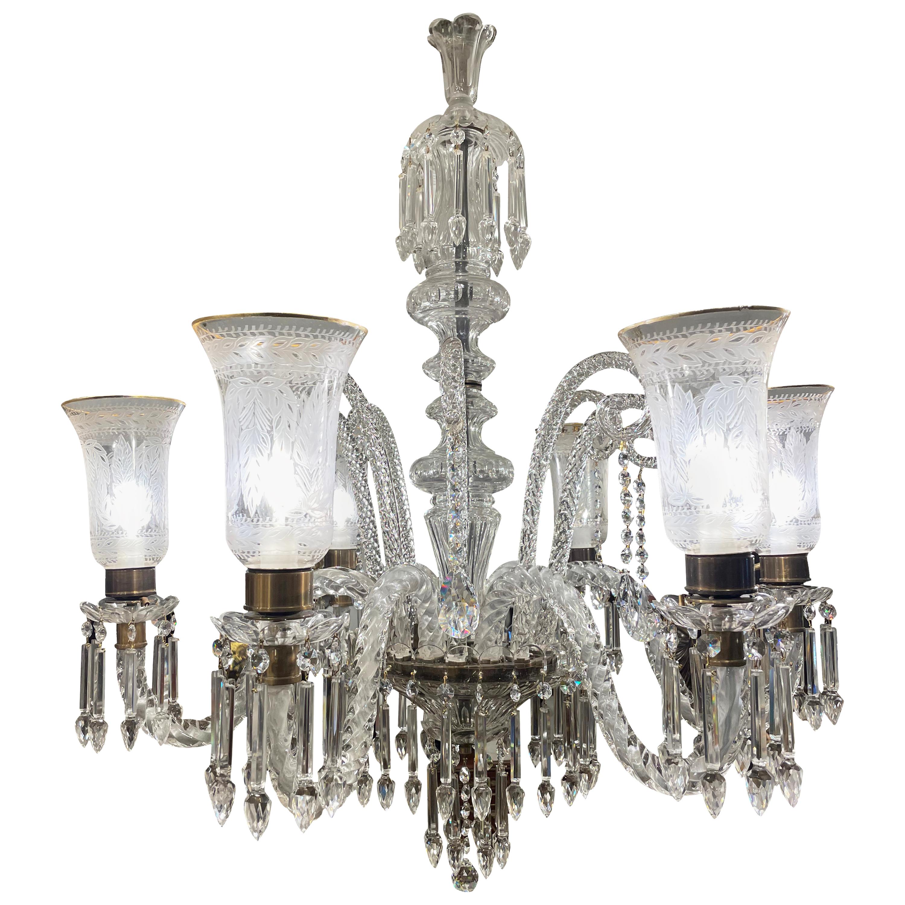 Cut Crystal Chandelier with Engraved Hurricane Shades, 20th Century For Sale