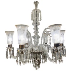 Vintage Cut Crystal Chandelier with Engraved Hurricane Shades, 20th Century