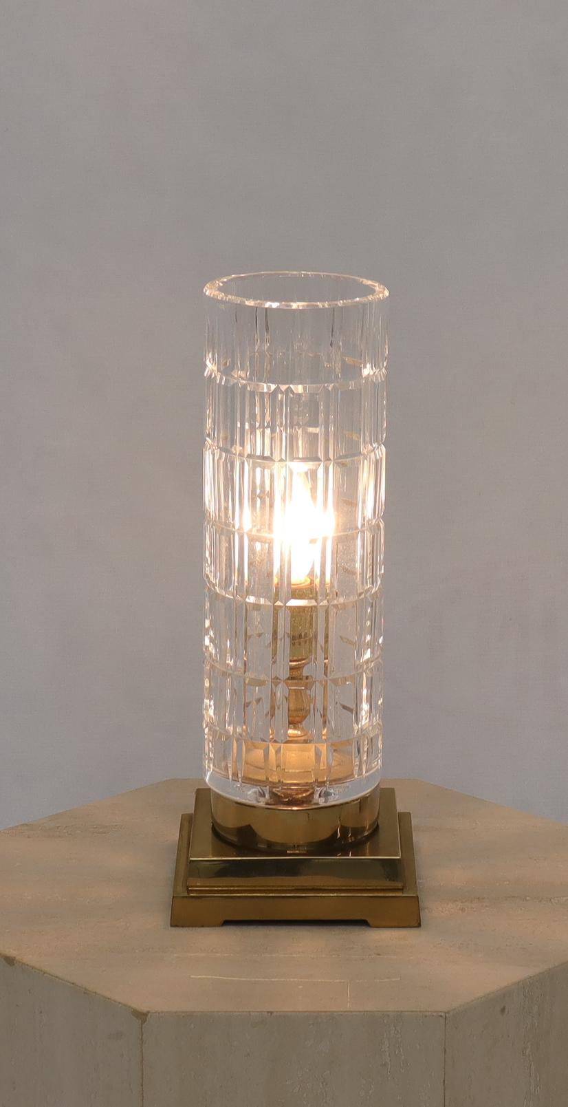 Cut Crystal Cylinder Shape Brass Square Base Bracket Legs Tables Lamp For Sale 1