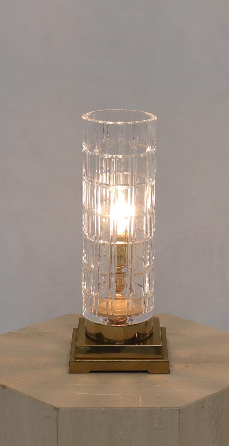 Cut Crystal Cylinder Shape Brass Square Base Bracket Legs Tables Lamp