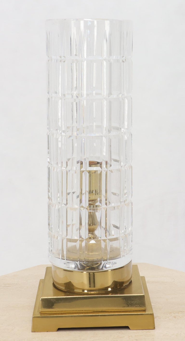 Cut Crystal Cylinder Shape Brass Square Base Bracket Legs Tables Lamp