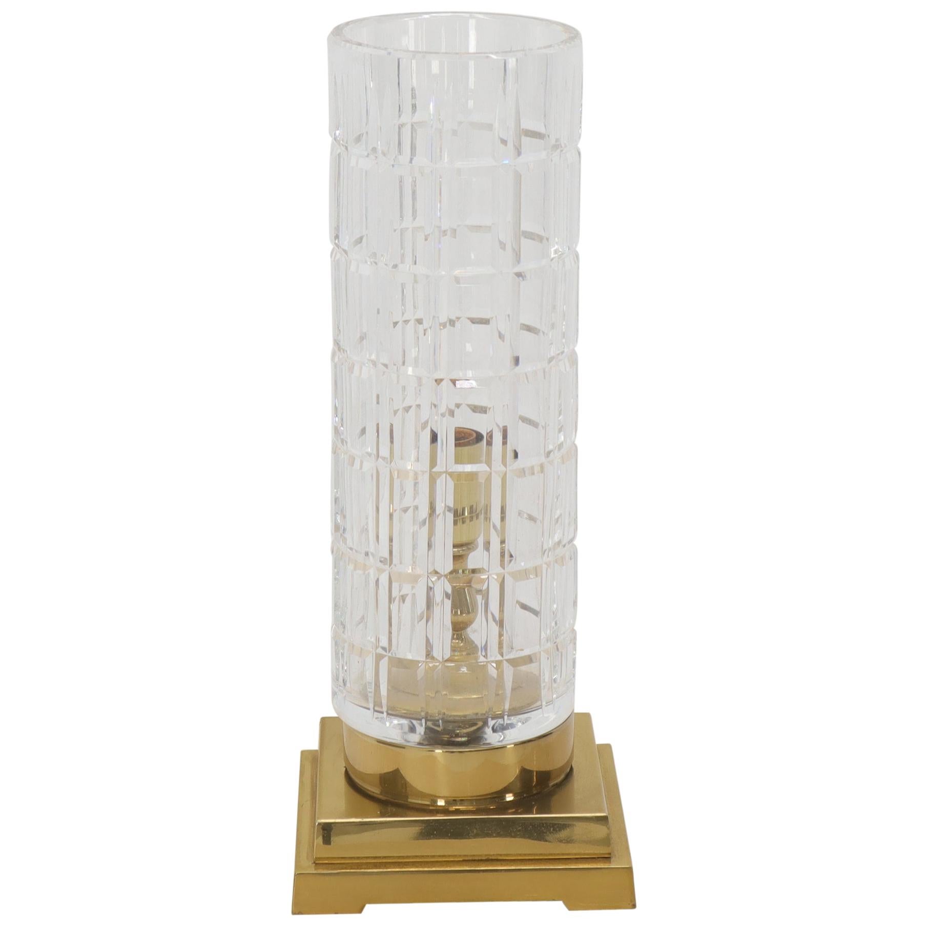 Cut Crystal Cylinder Shape Brass Square, Crystal Cylinder Table Lamp