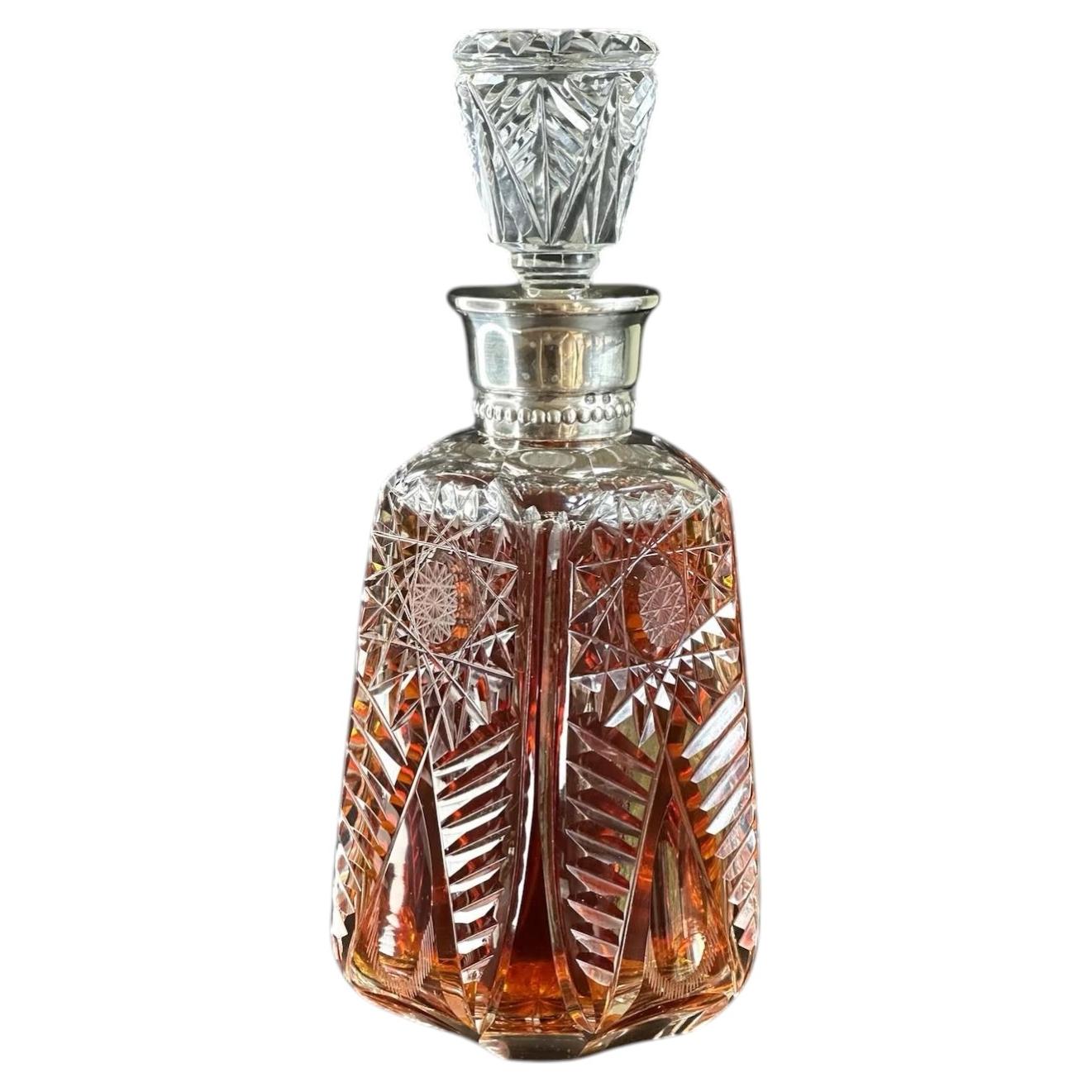 Cut Crystal Decanter with Silver Collar and Geometric Engraving, 650 ml For Sale