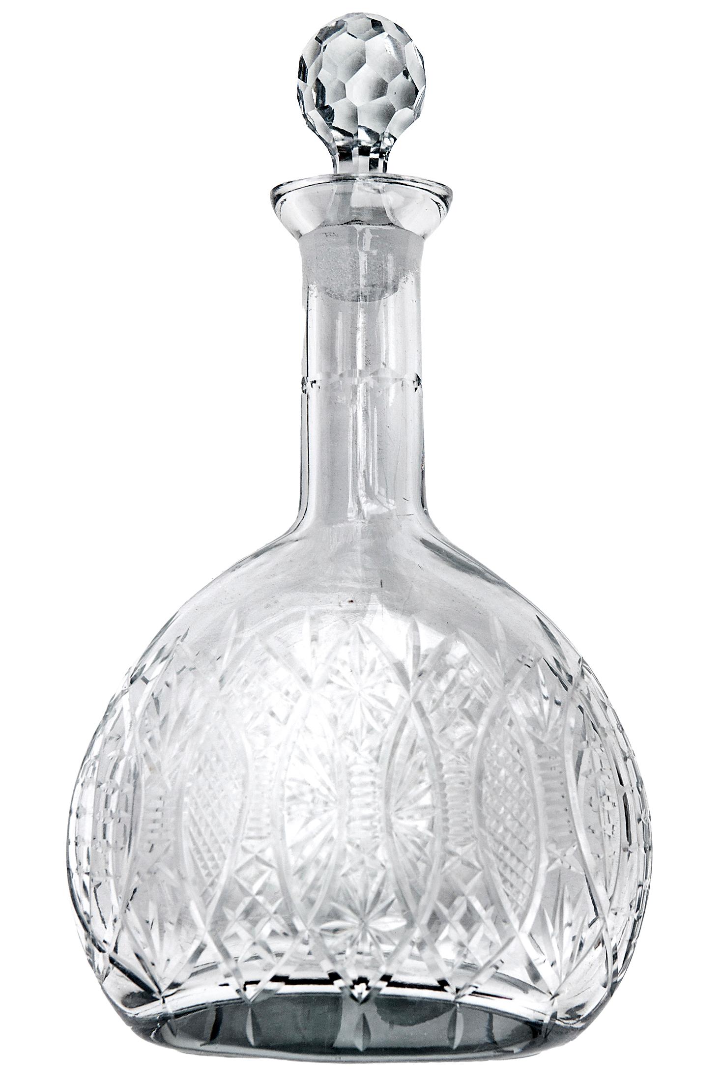 Two decanters, with a similar pattern, one flat, the other tall.
Tall Decanter: 14H