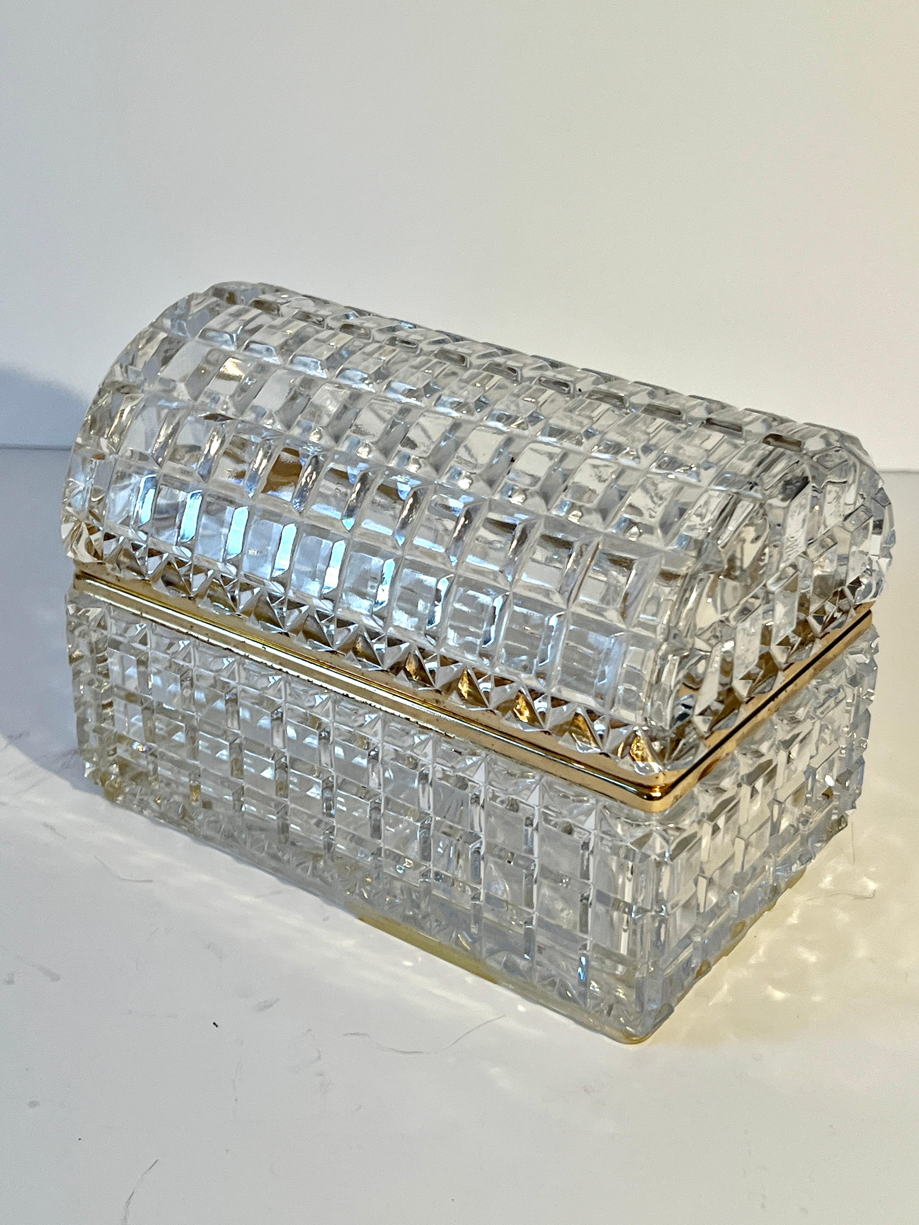 Art Deco Cut Crystal Domed Lidded Box on Hinge With Brass Closure Details For Sale