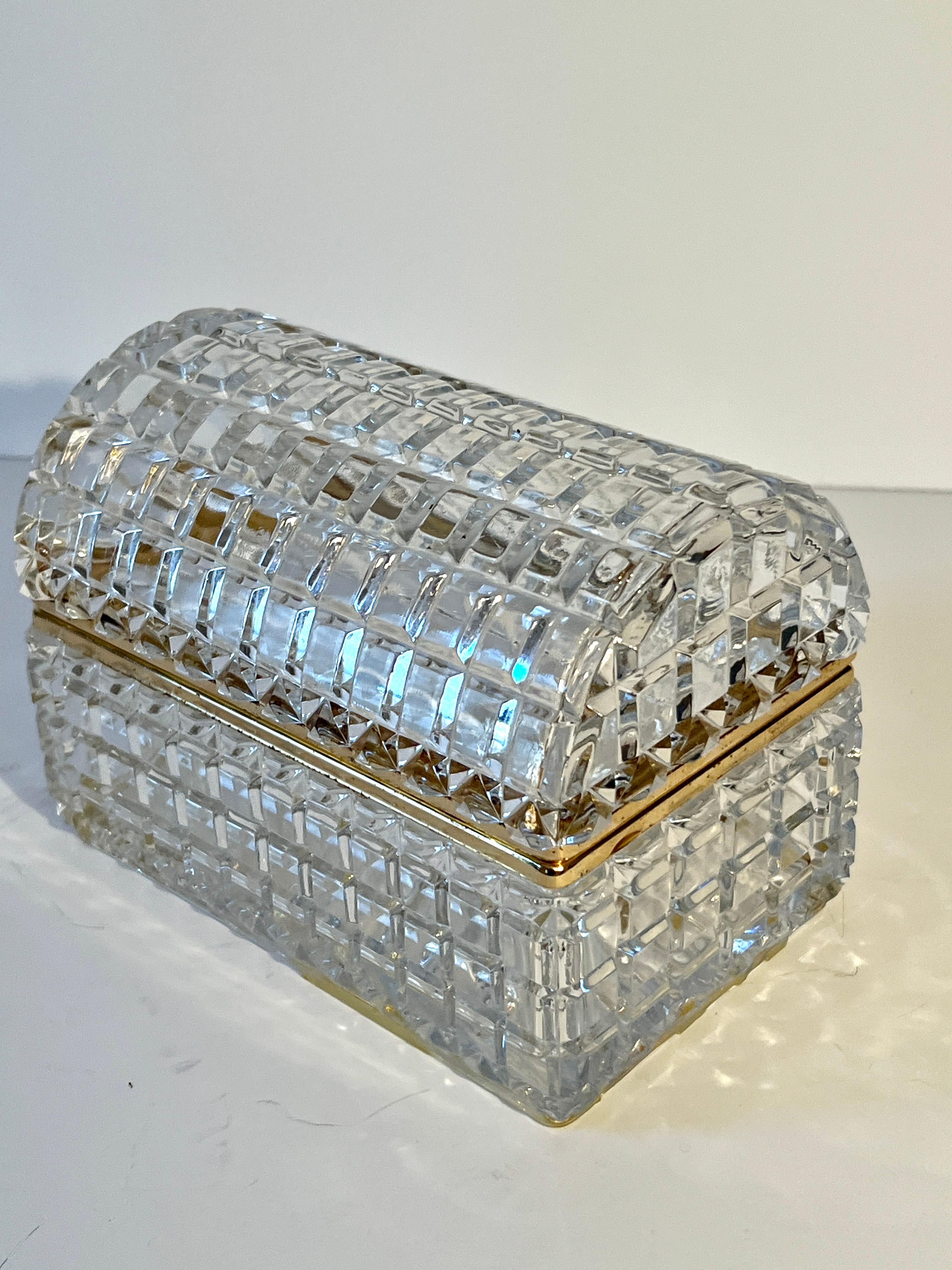 French Cut Crystal Domed Lidded Box on Hinge With Brass Closure Details For Sale