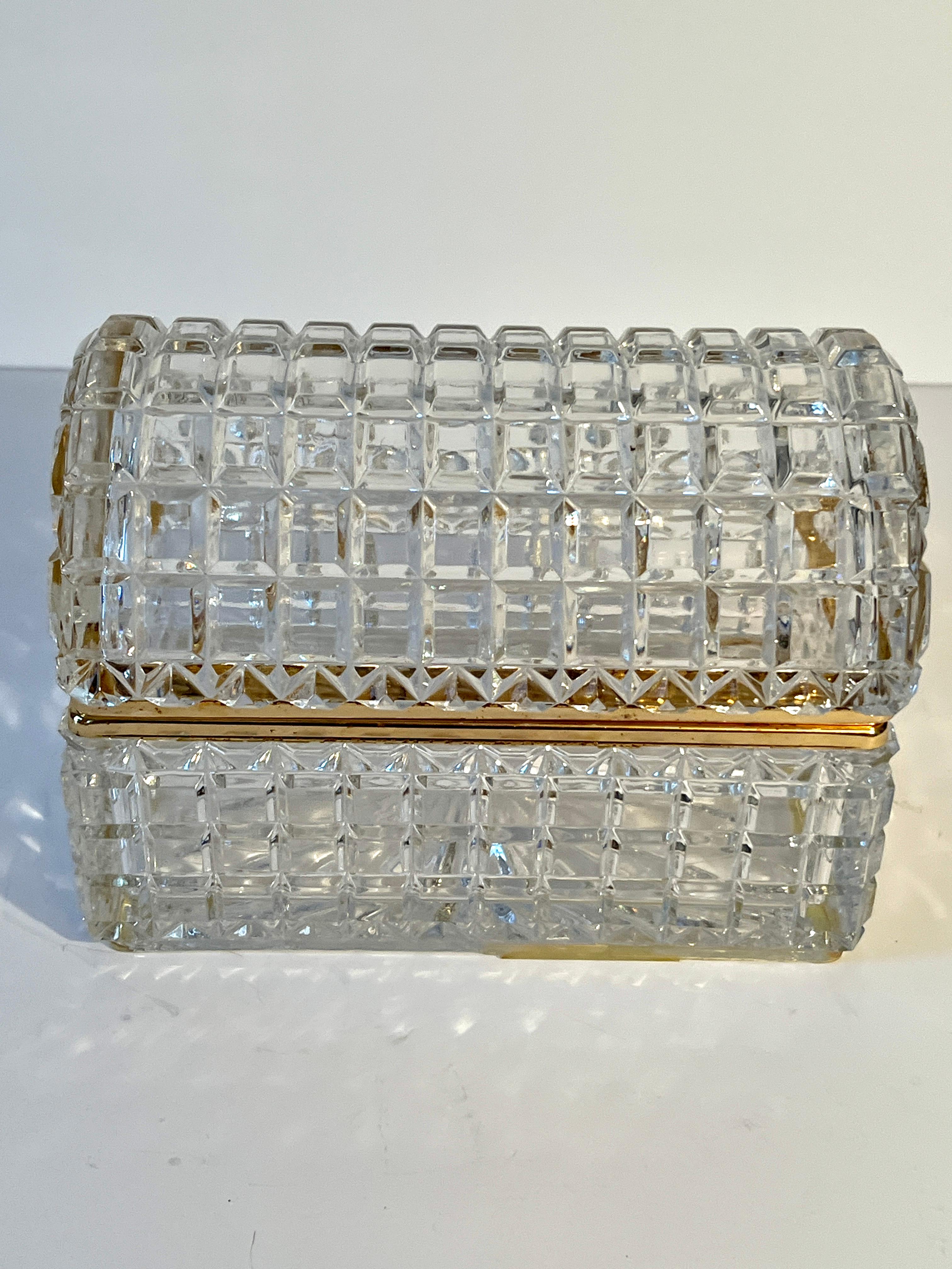 Hand-Crafted Cut Crystal Domed Lidded Box on Hinge With Brass Closure Details For Sale