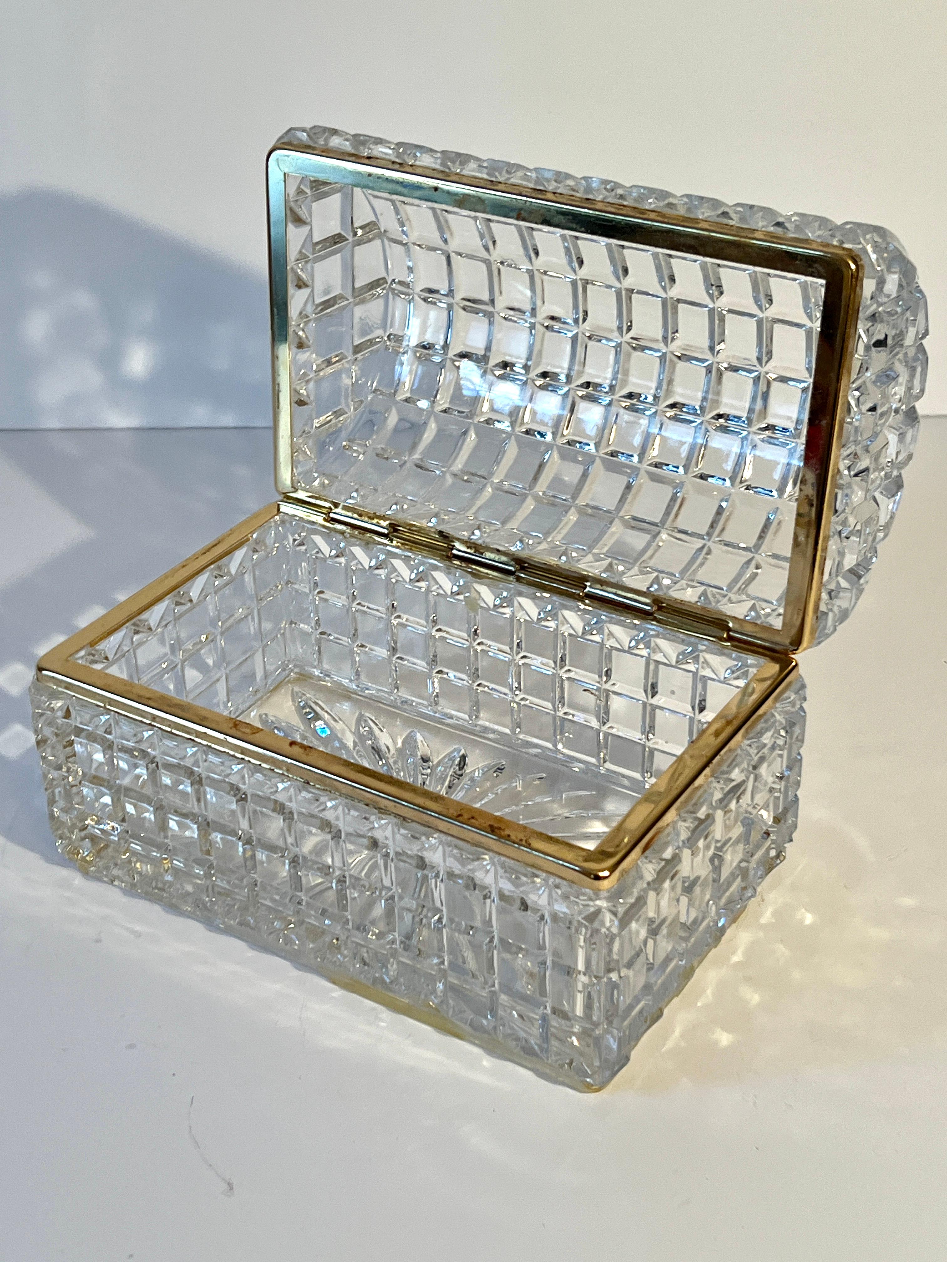Cut Crystal Domed Lidded Box on Hinge With Brass Closure Details In Good Condition For Sale In Los Angeles, CA