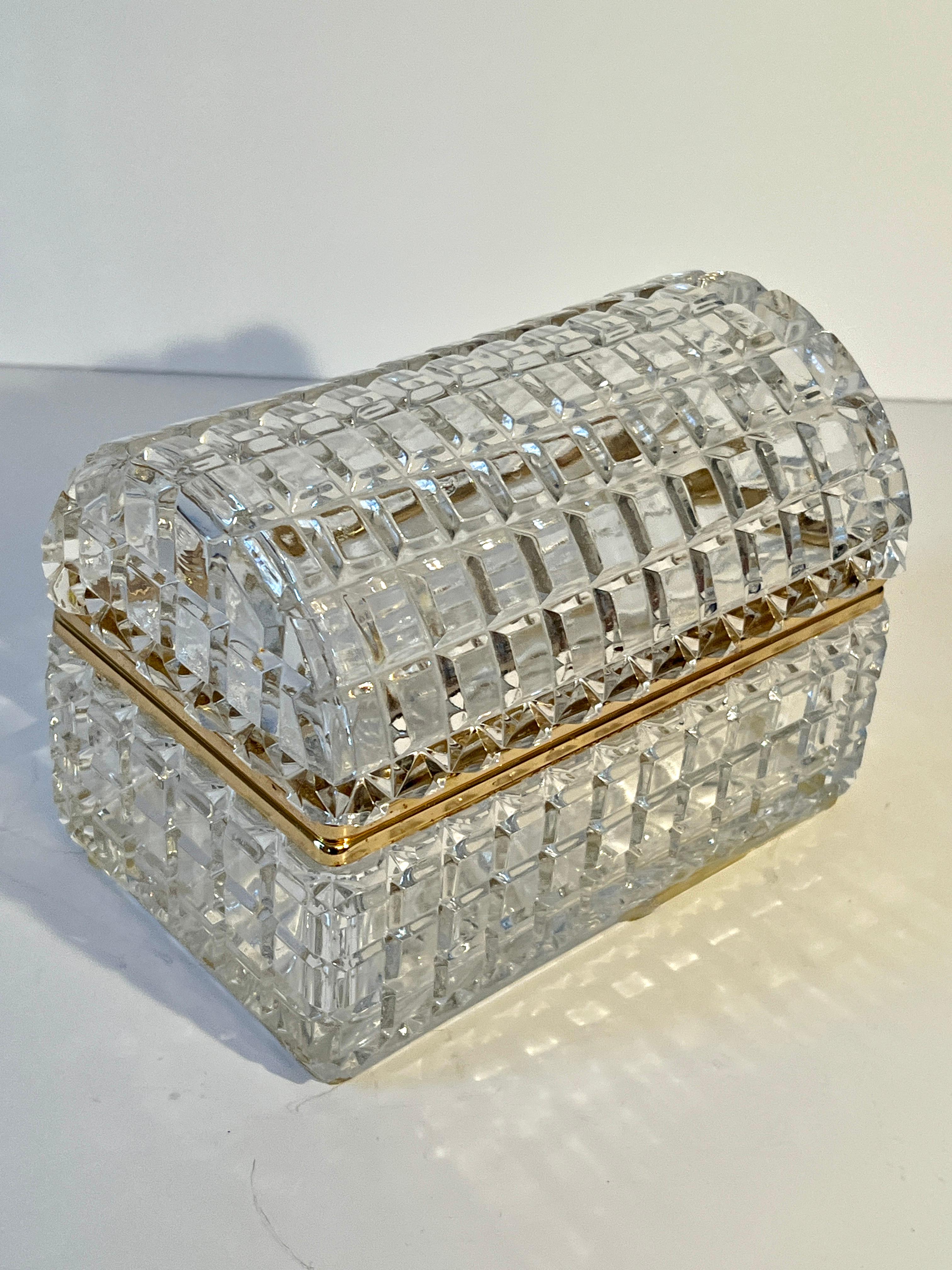 20th Century Cut Crystal Domed Lidded Box on Hinge With Brass Closure Details For Sale
