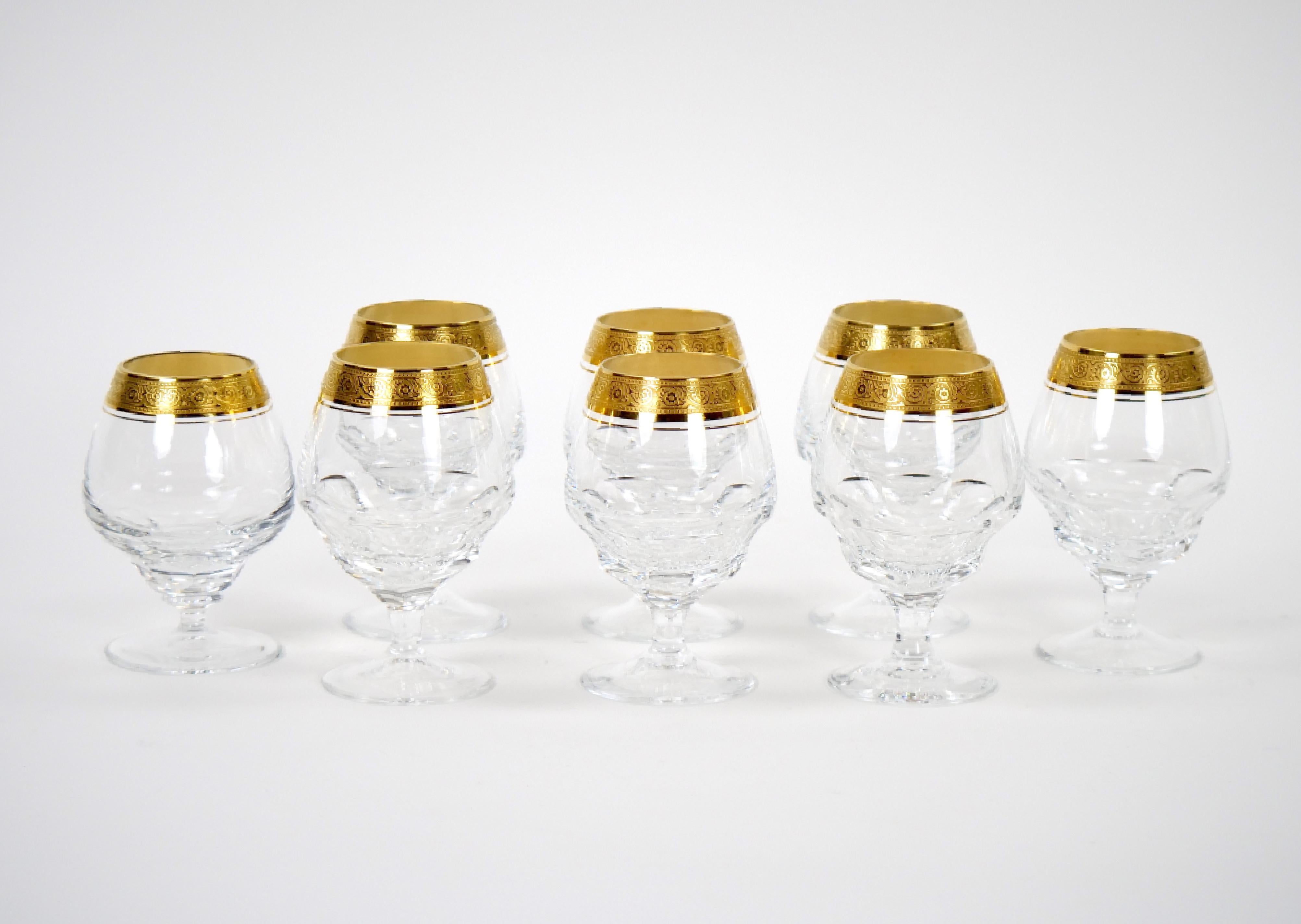 Cut Crystal Double Trim Gold Decorated Snifter Service / 8 People For Sale 4