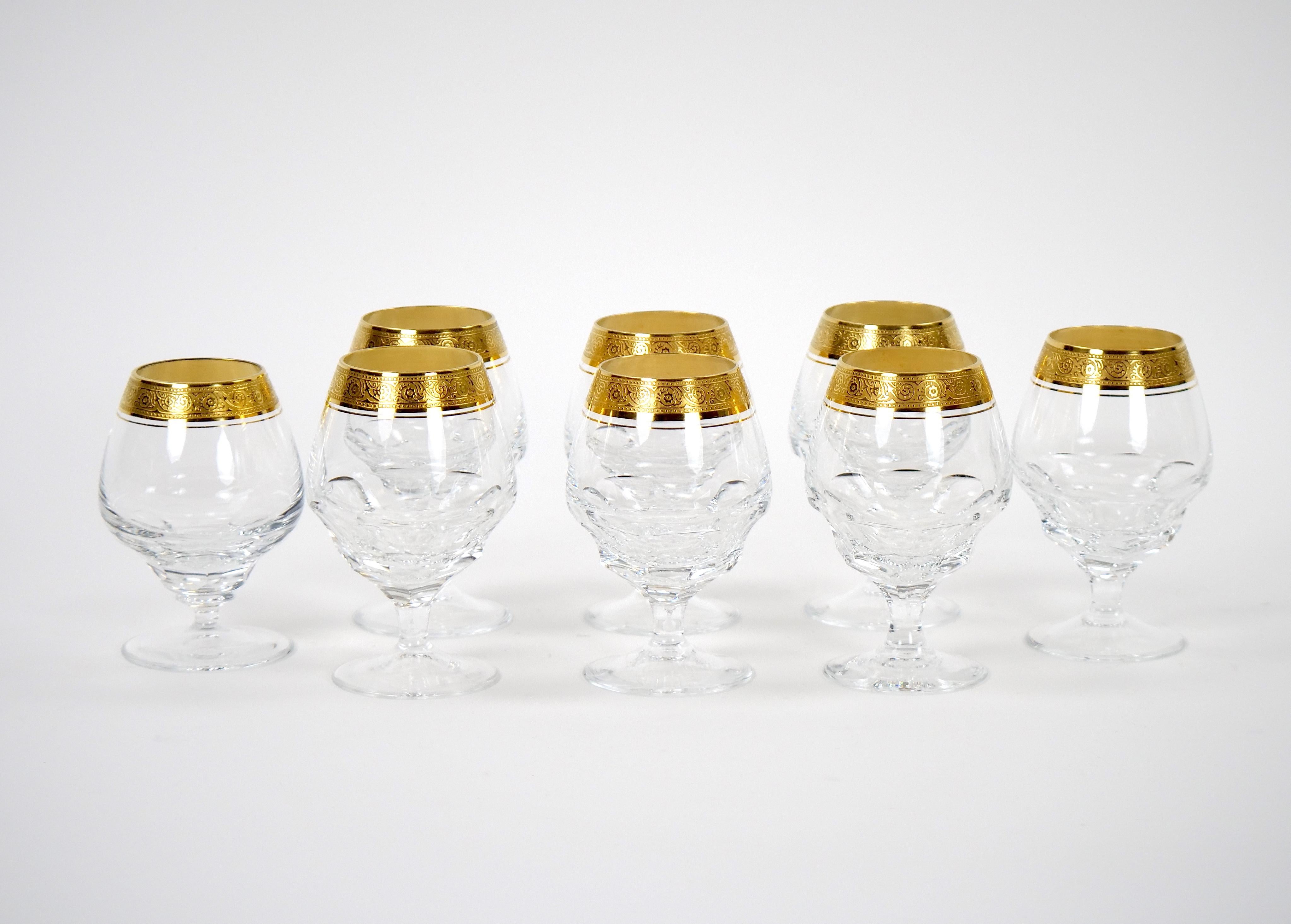 Gilt Cut Crystal Double Trim Gold Decorated Snifter Service / 8 People For Sale