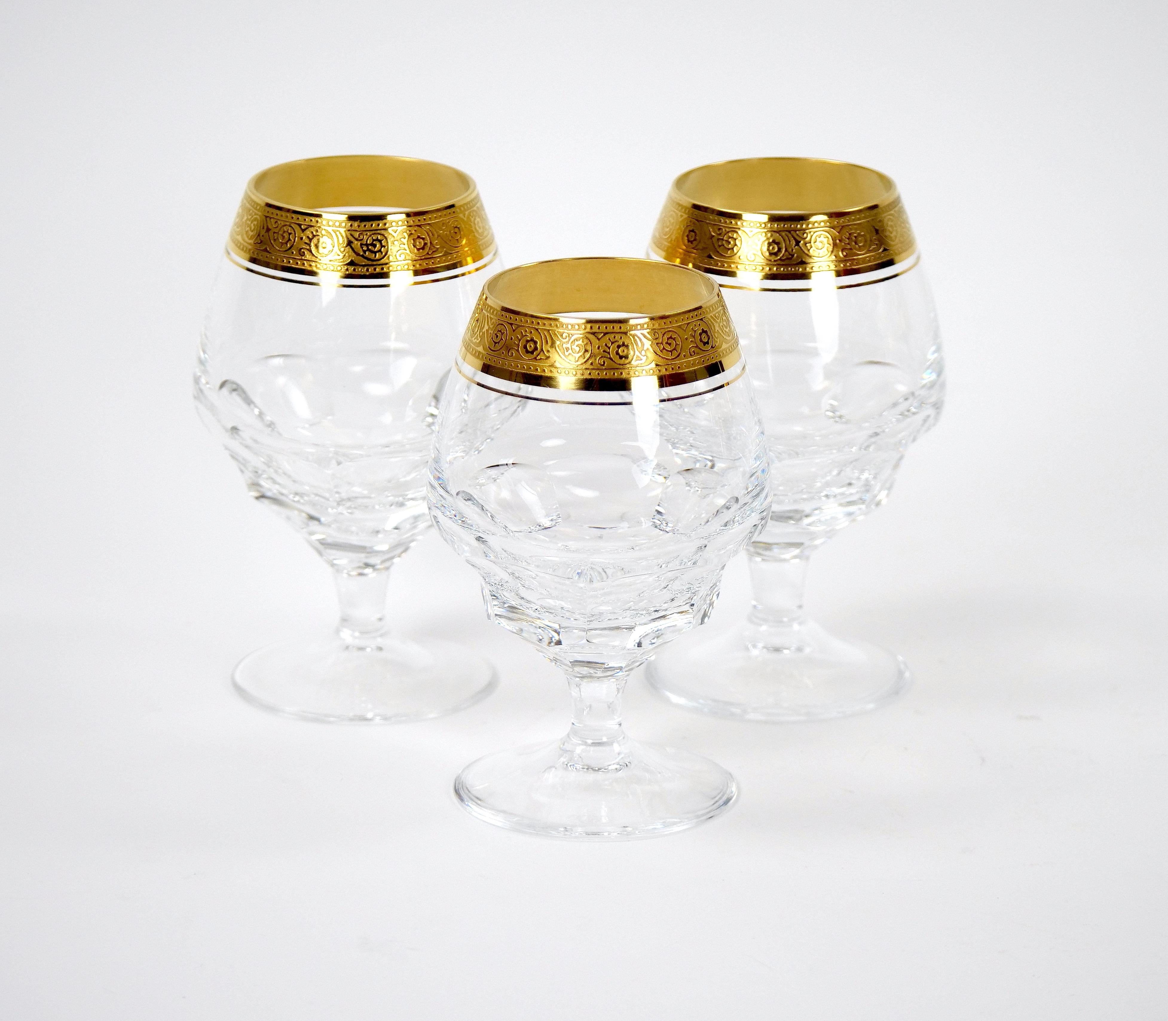 Cut Crystal Double Trim Gold Decorated Snifter Service / 8 People In Good Condition For Sale In Tarry Town, NY