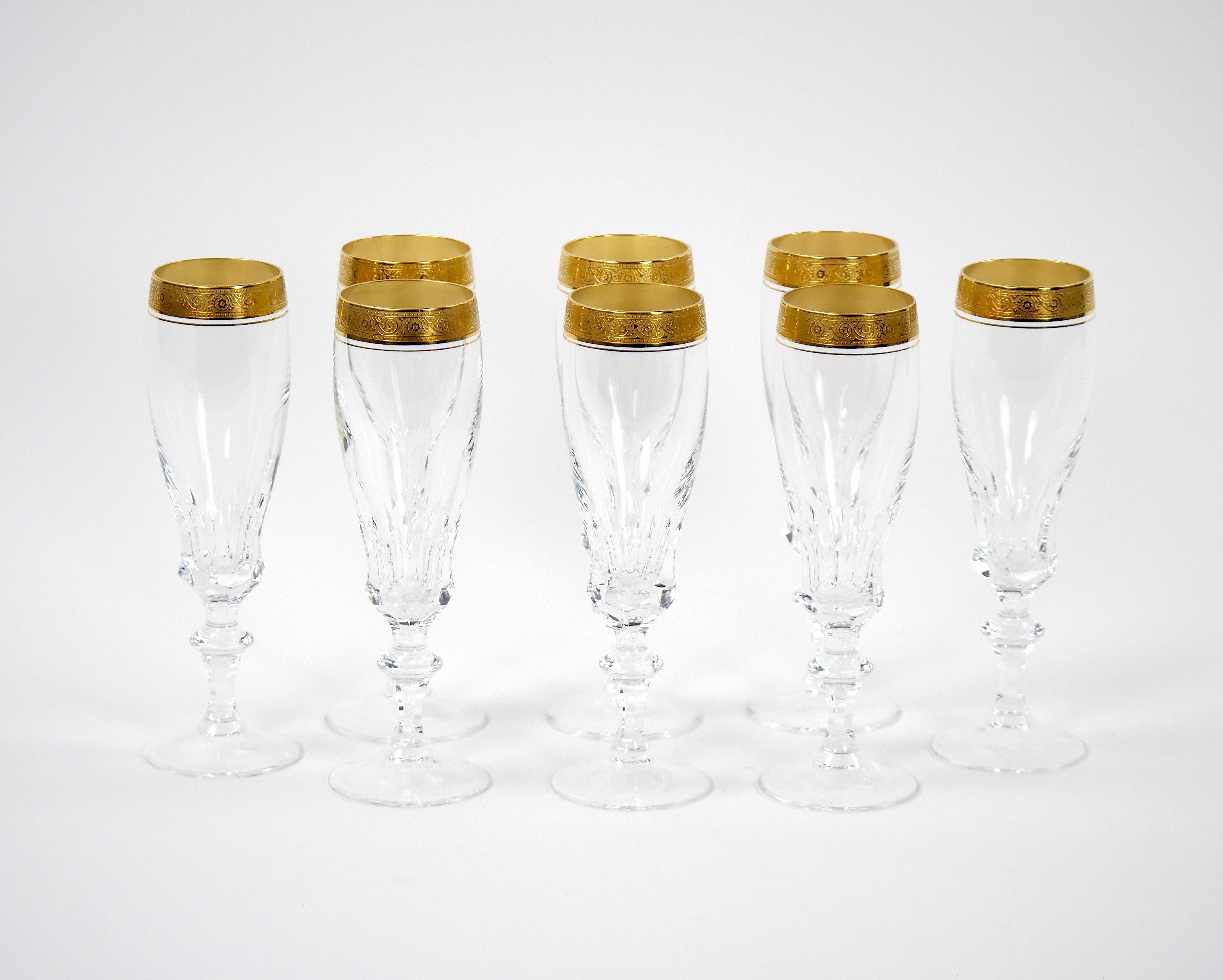 Cut Crystal Double Trimmed Gilt Gold Decorated Champagne Flute / 8 People For Sale 6