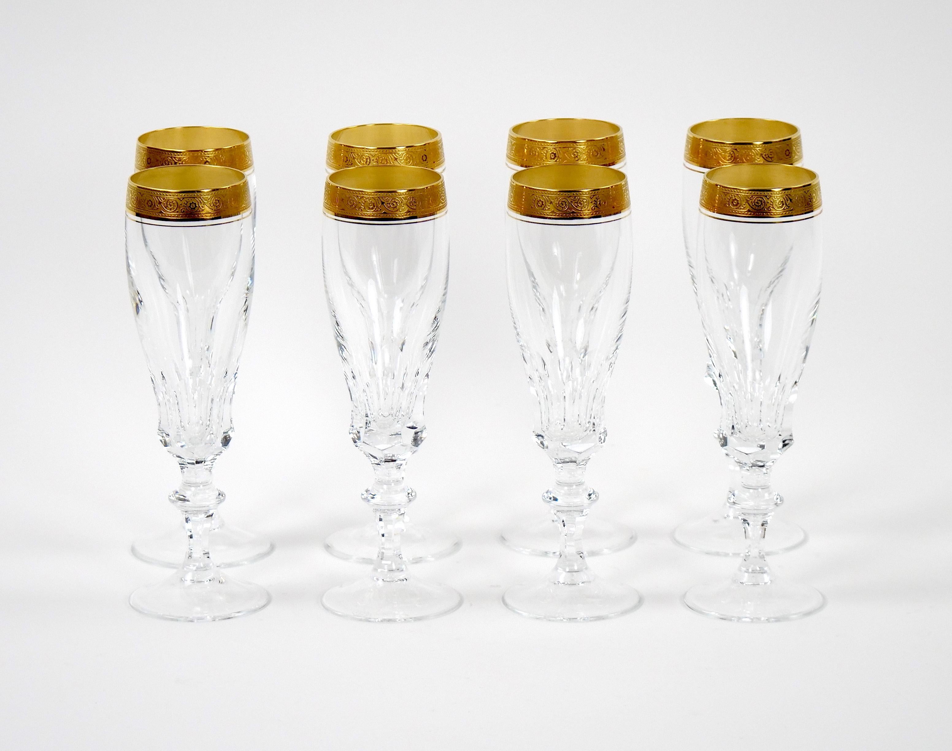 Italian Cut Crystal Double Trimmed Gilt Gold Decorated Champagne Flute / 8 People For Sale