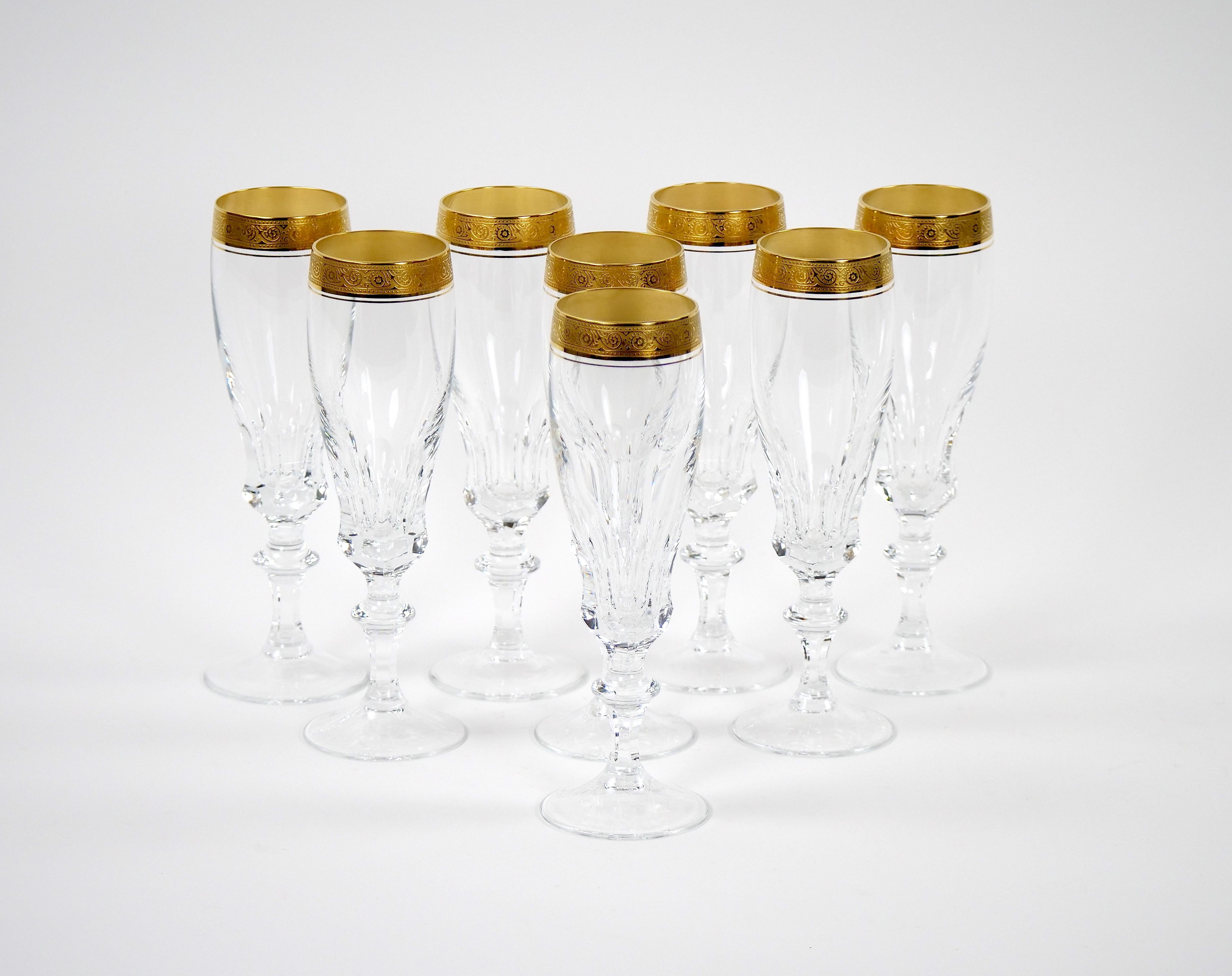 Cut Crystal Double Trimmed Gilt Gold Decorated Champagne Flute / 8 People In Good Condition For Sale In Tarry Town, NY