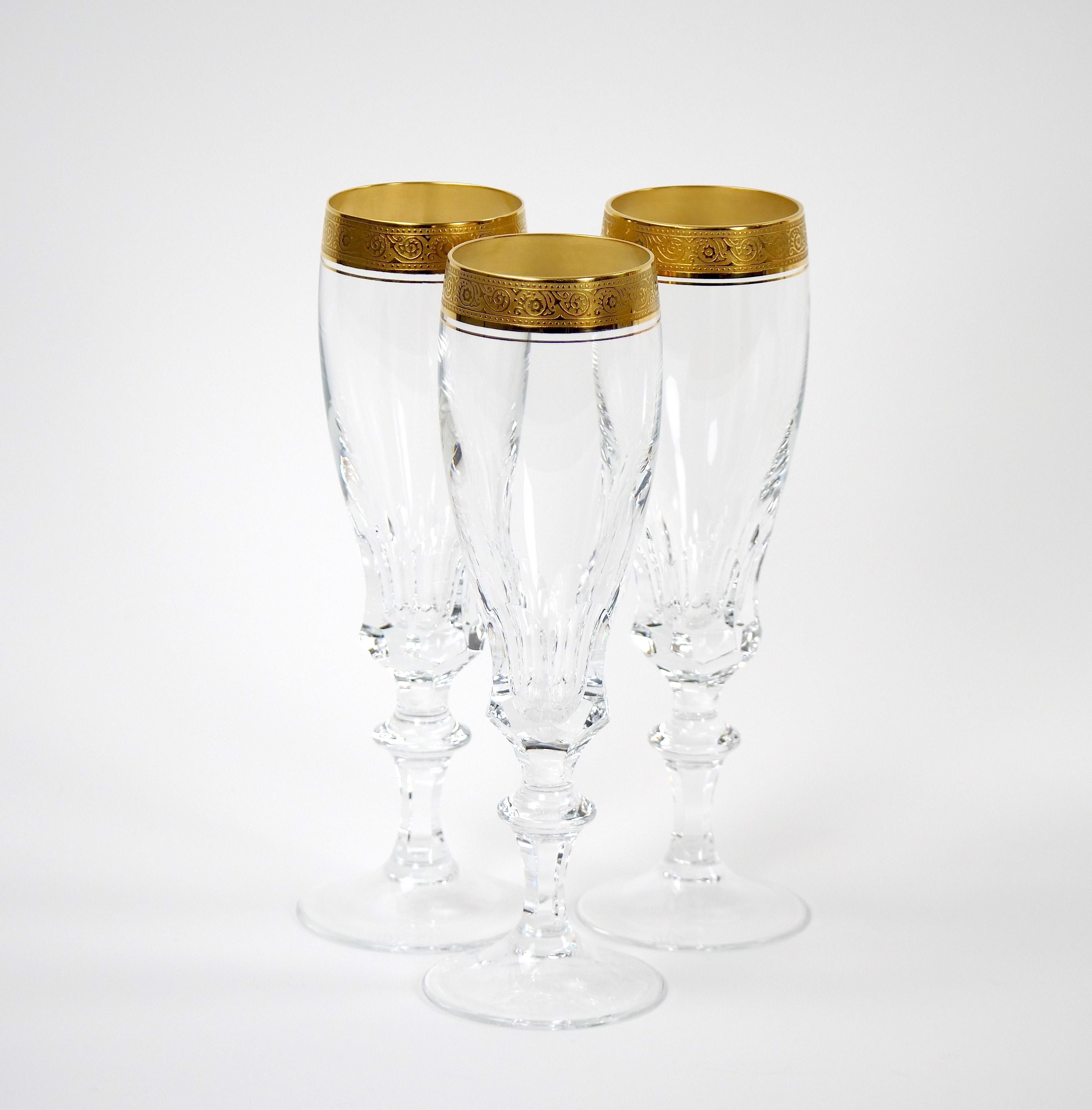 20th Century Cut Crystal Double Trimmed Gilt Gold Decorated Champagne Flute / 8 People For Sale