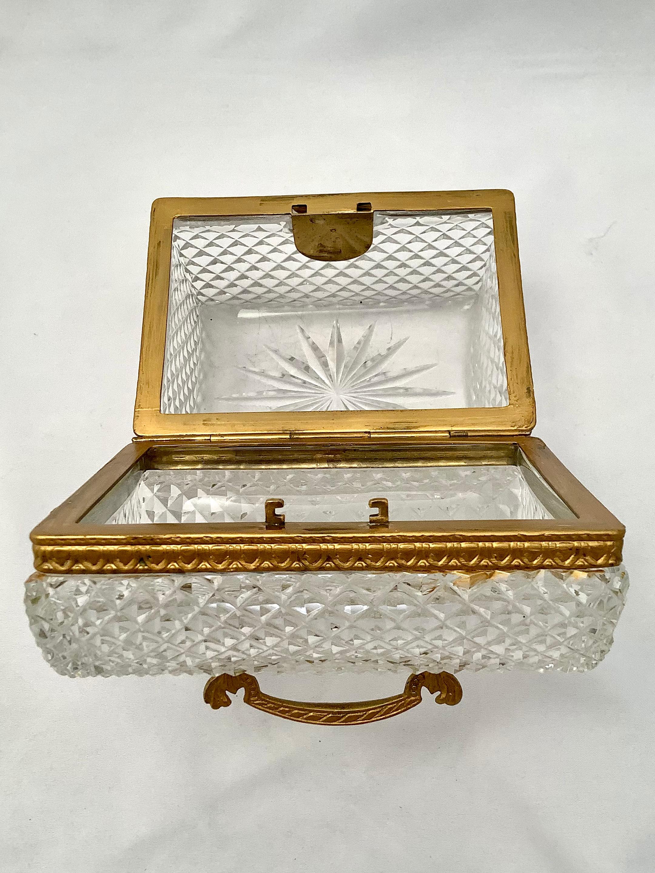 Cast Cut Crystal French Decorative Box W/ Handle & Keyhole