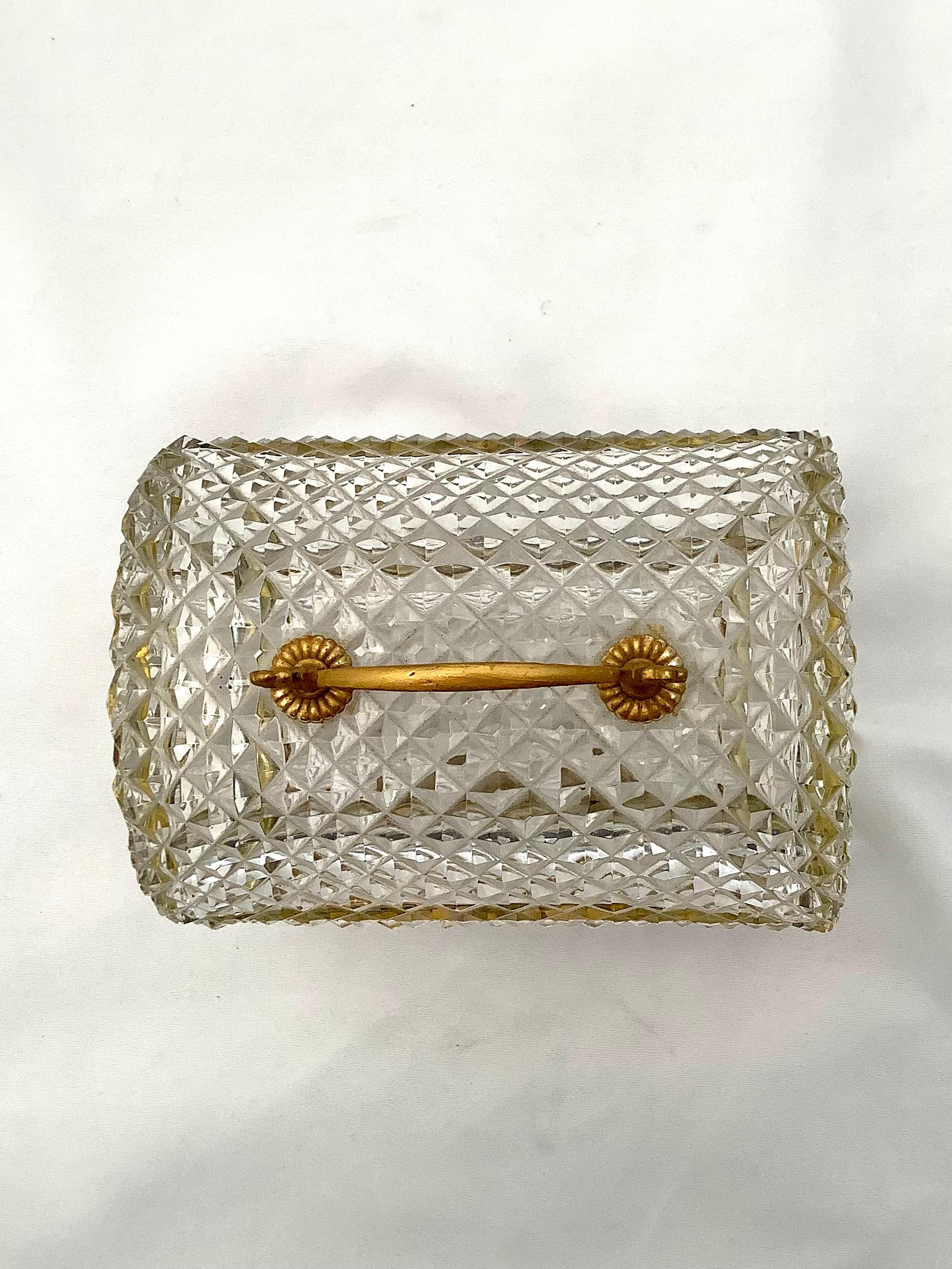 Brass Cut Crystal French Decorative Box W/ Handle & Keyhole