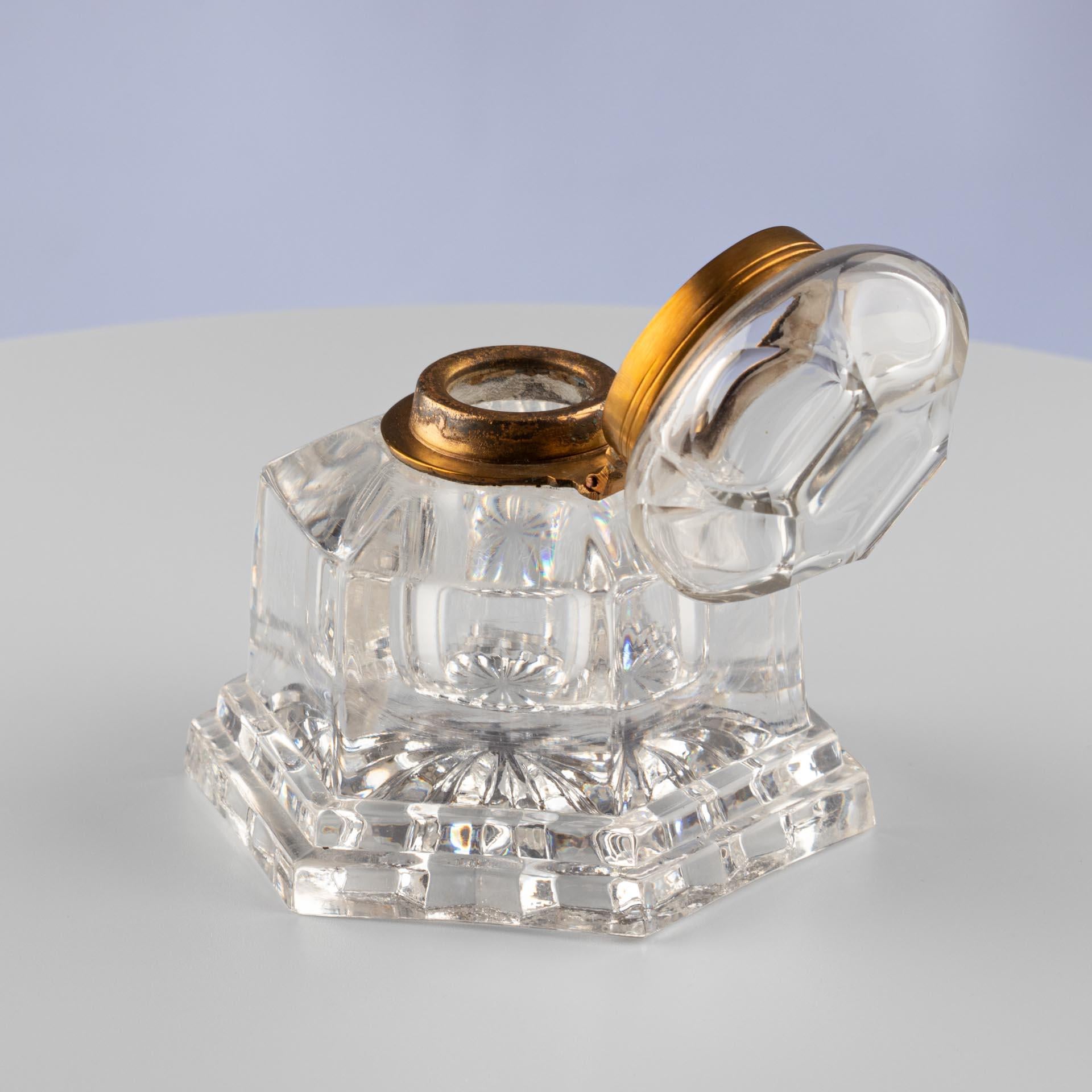 Brass Cut Crystal Inkwell with Faceted Hinged Lid, circa 1900 For Sale