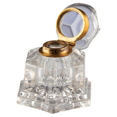 Antique Cut Crystal Inkwell with Faceted Hinged Lid, circa 1900