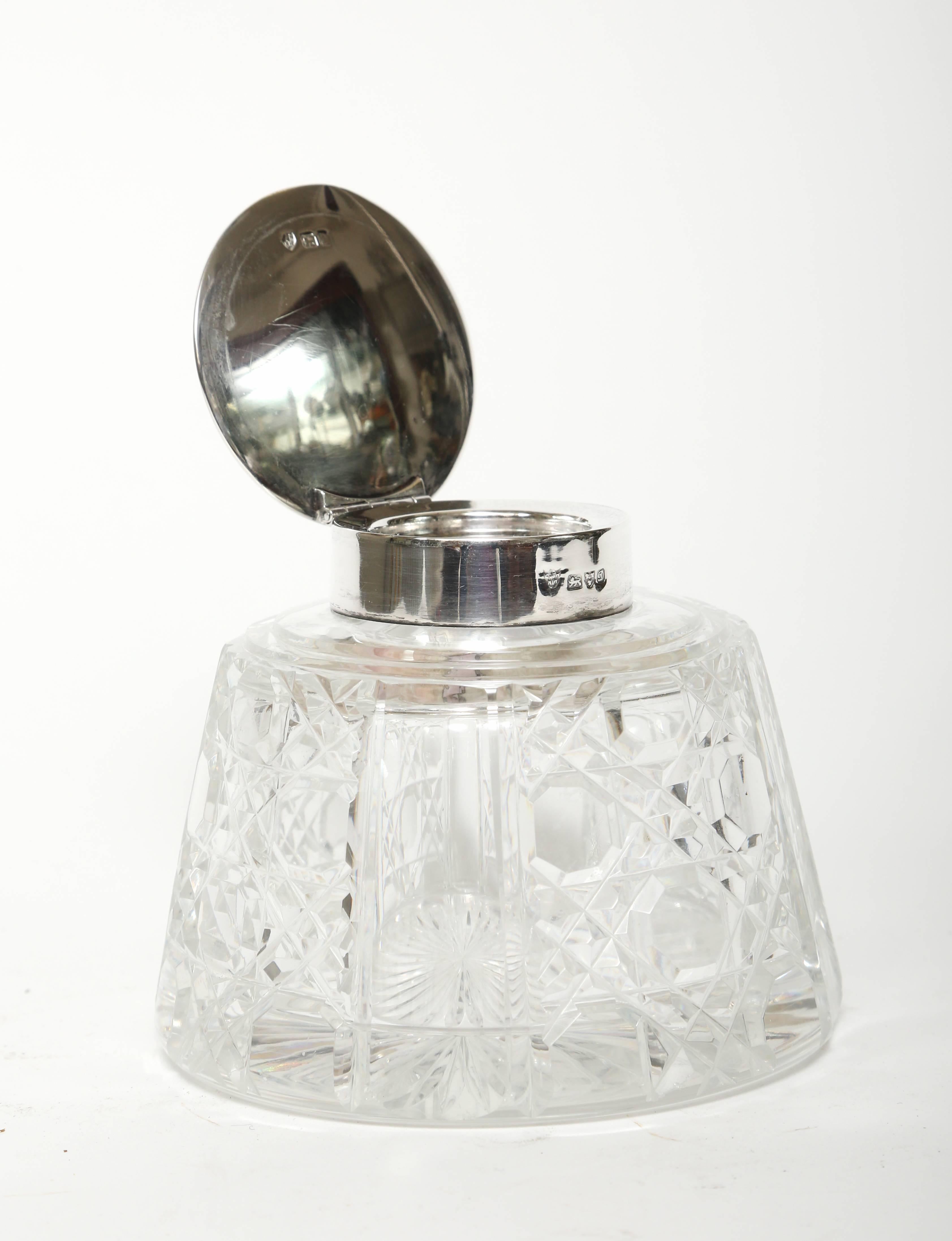 Edwardian  Cut Crystal Inkwell with Sterling Silver Top
