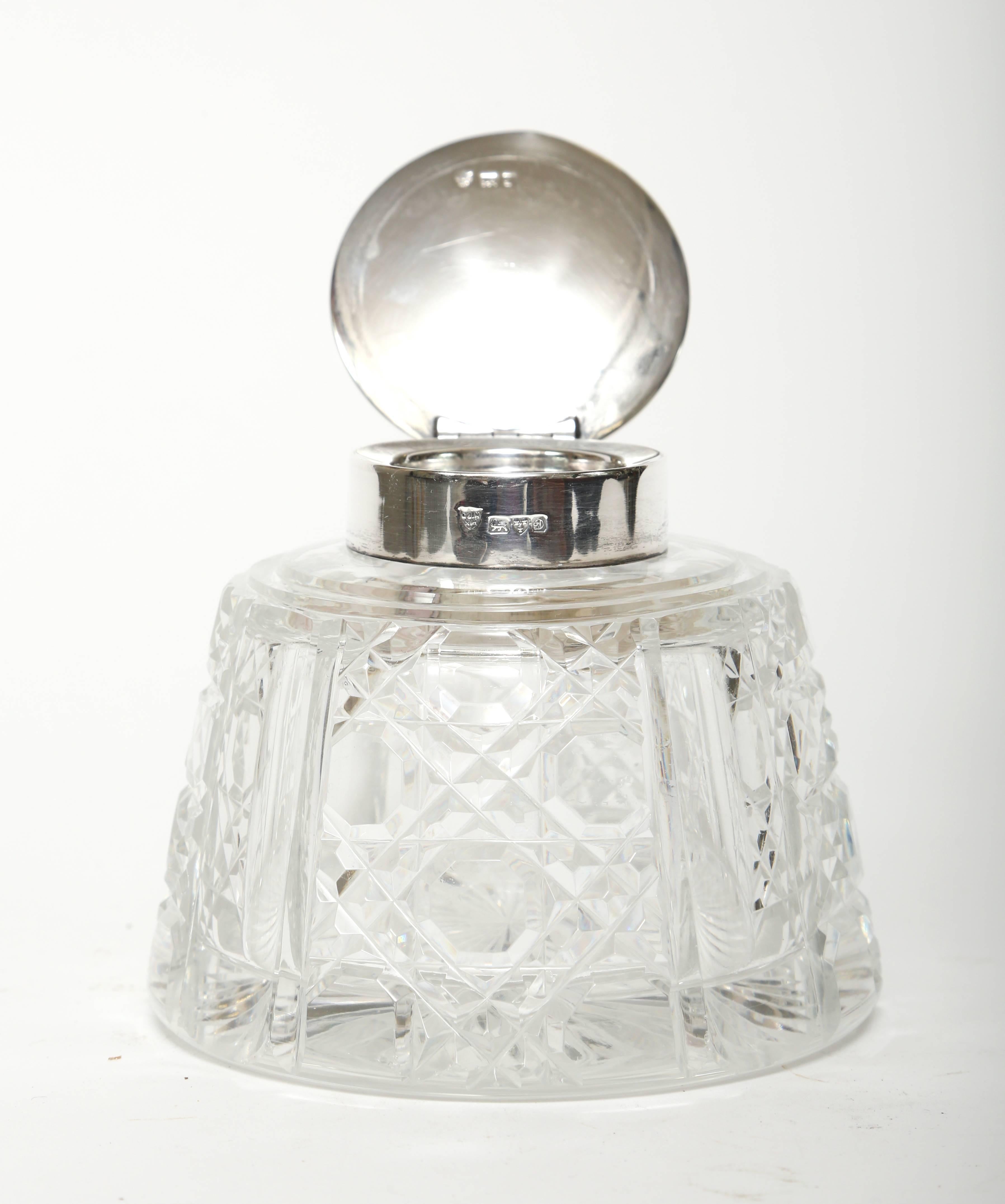 English  Cut Crystal Inkwell with Sterling Silver Top