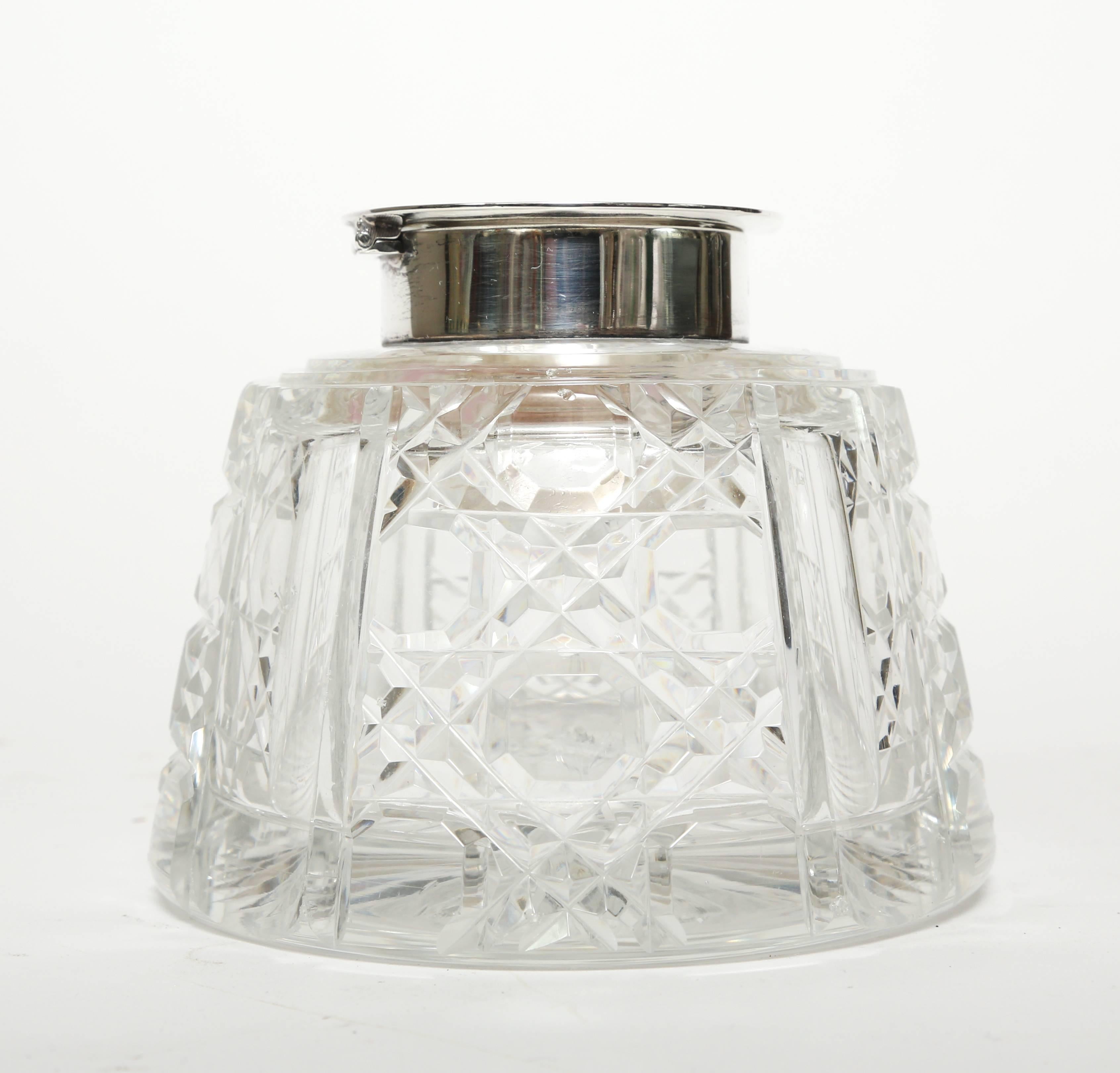 Early 20th Century  Cut Crystal Inkwell with Sterling Silver Top