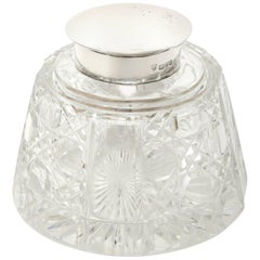 Antique  Cut Crystal Inkwell with Sterling Silver Top