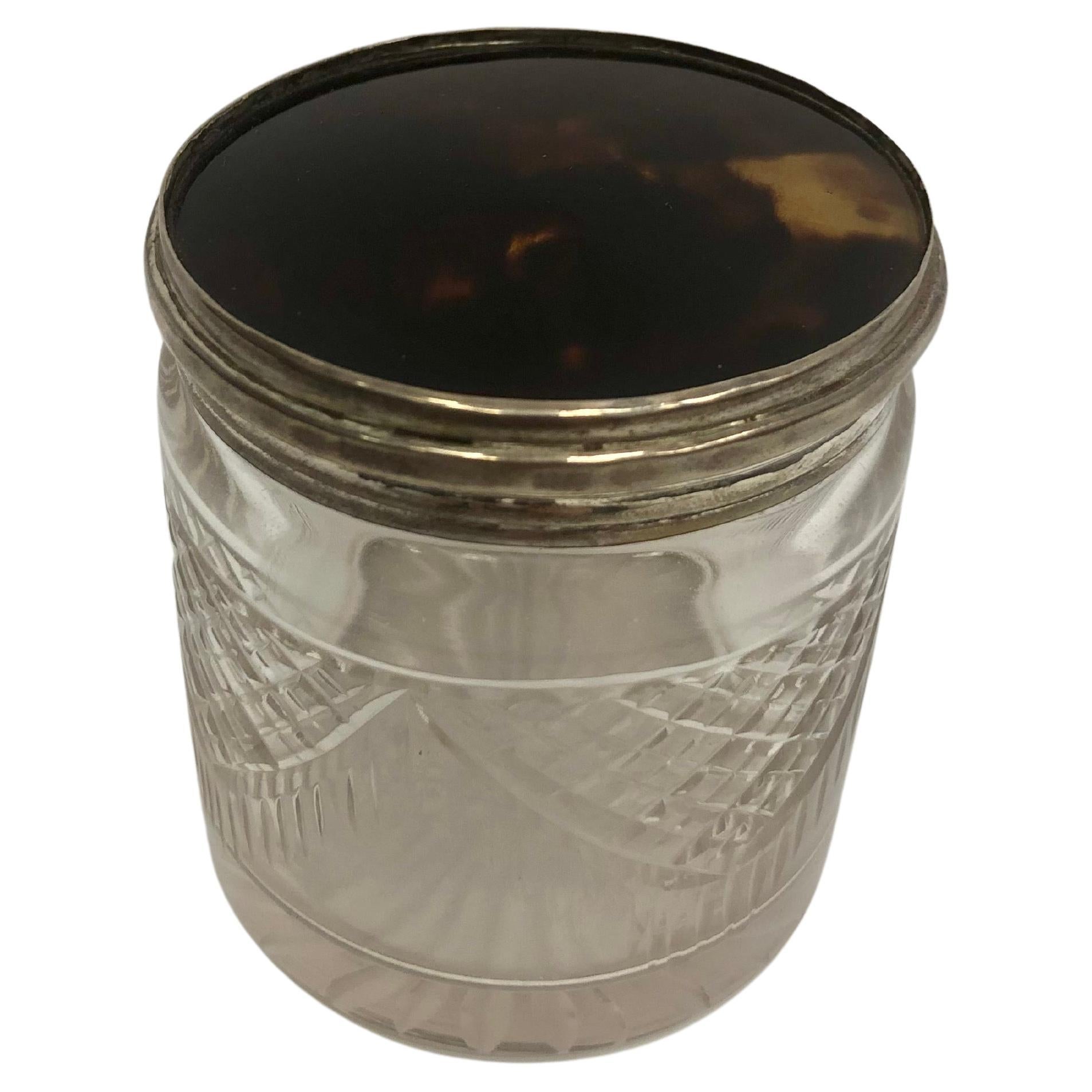 Cut Crystal Jar with Tortoise and Silver Top, England, 1923 For Sale