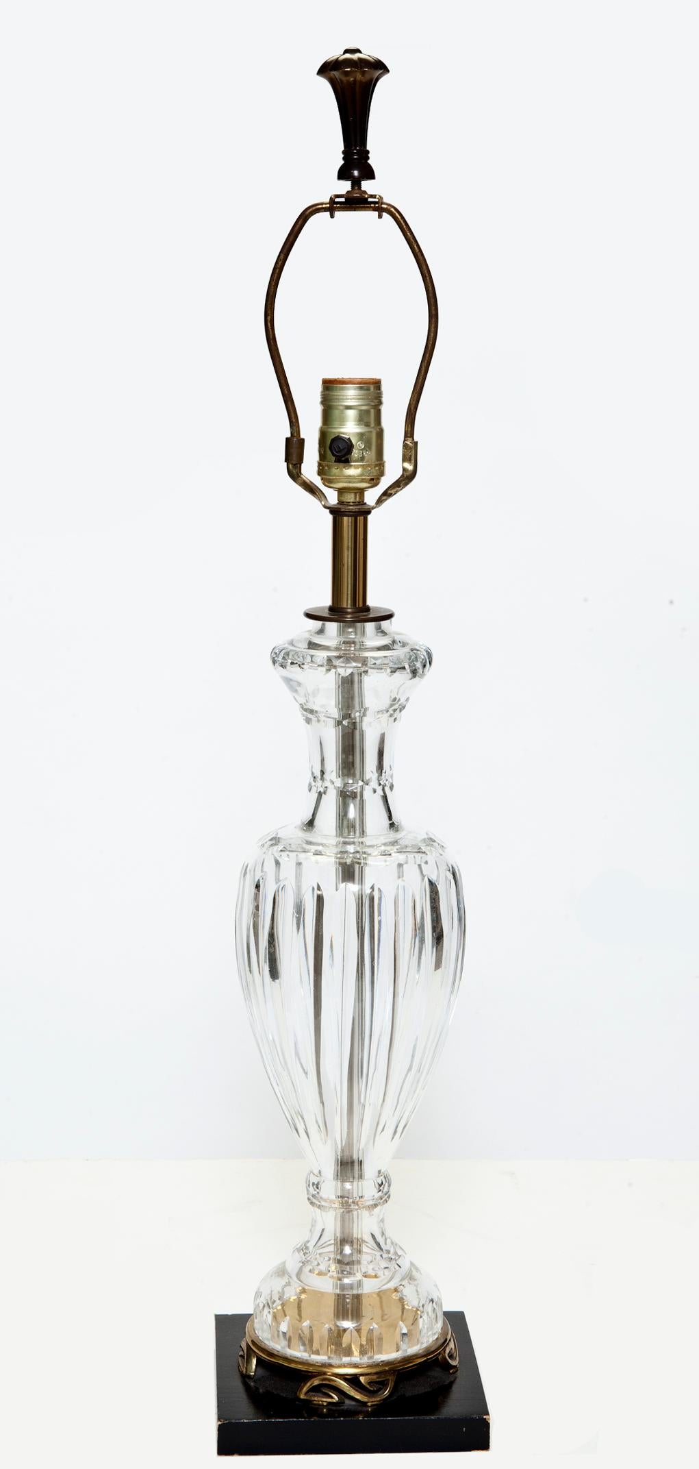 Etched Cut Crystal Lamp with Ebony & Brass Base For Sale