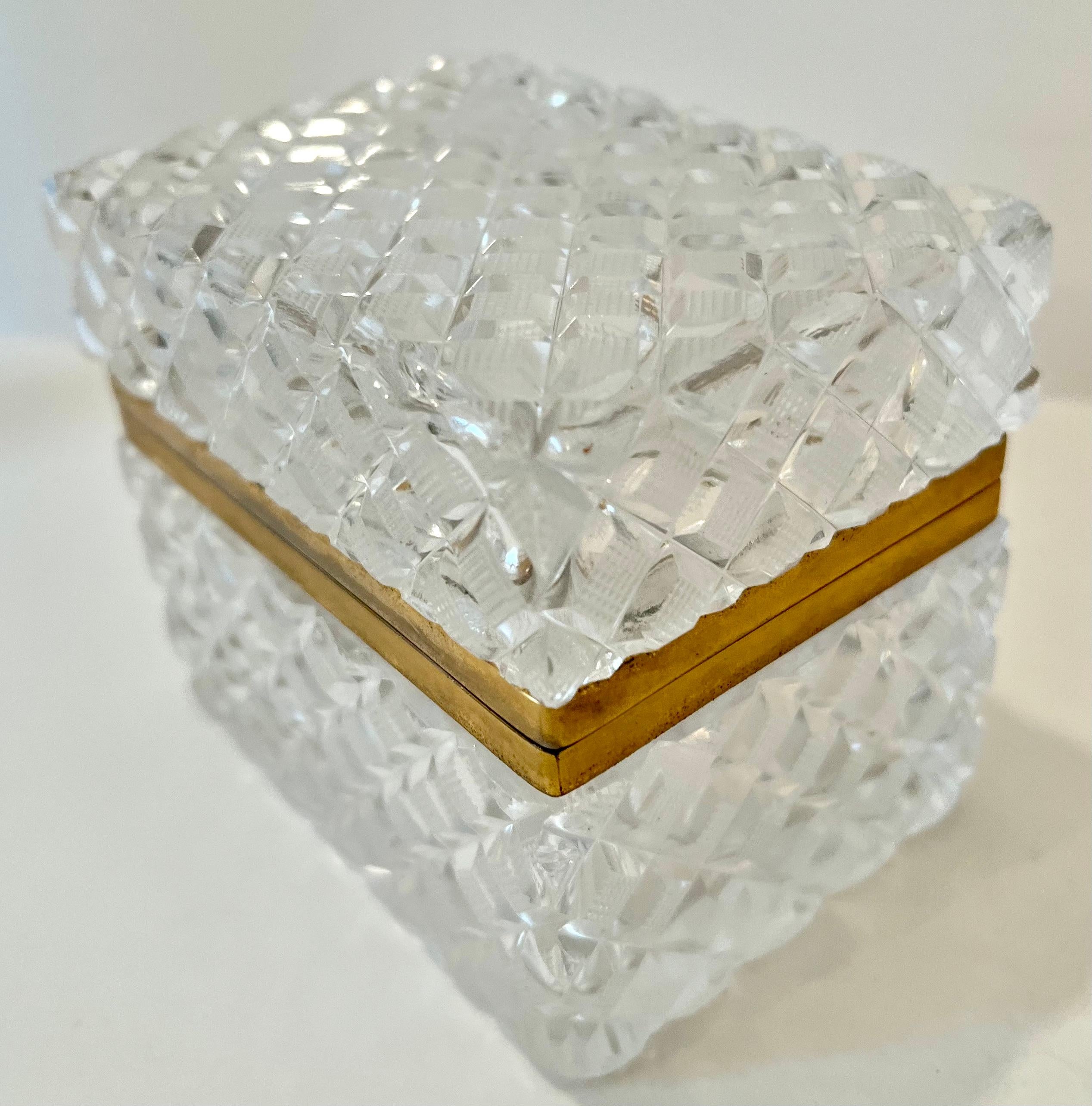 Mid-Century Modern Cut Crystal Lidded Box in the Style of Baccarat With Brass Closure For Sale