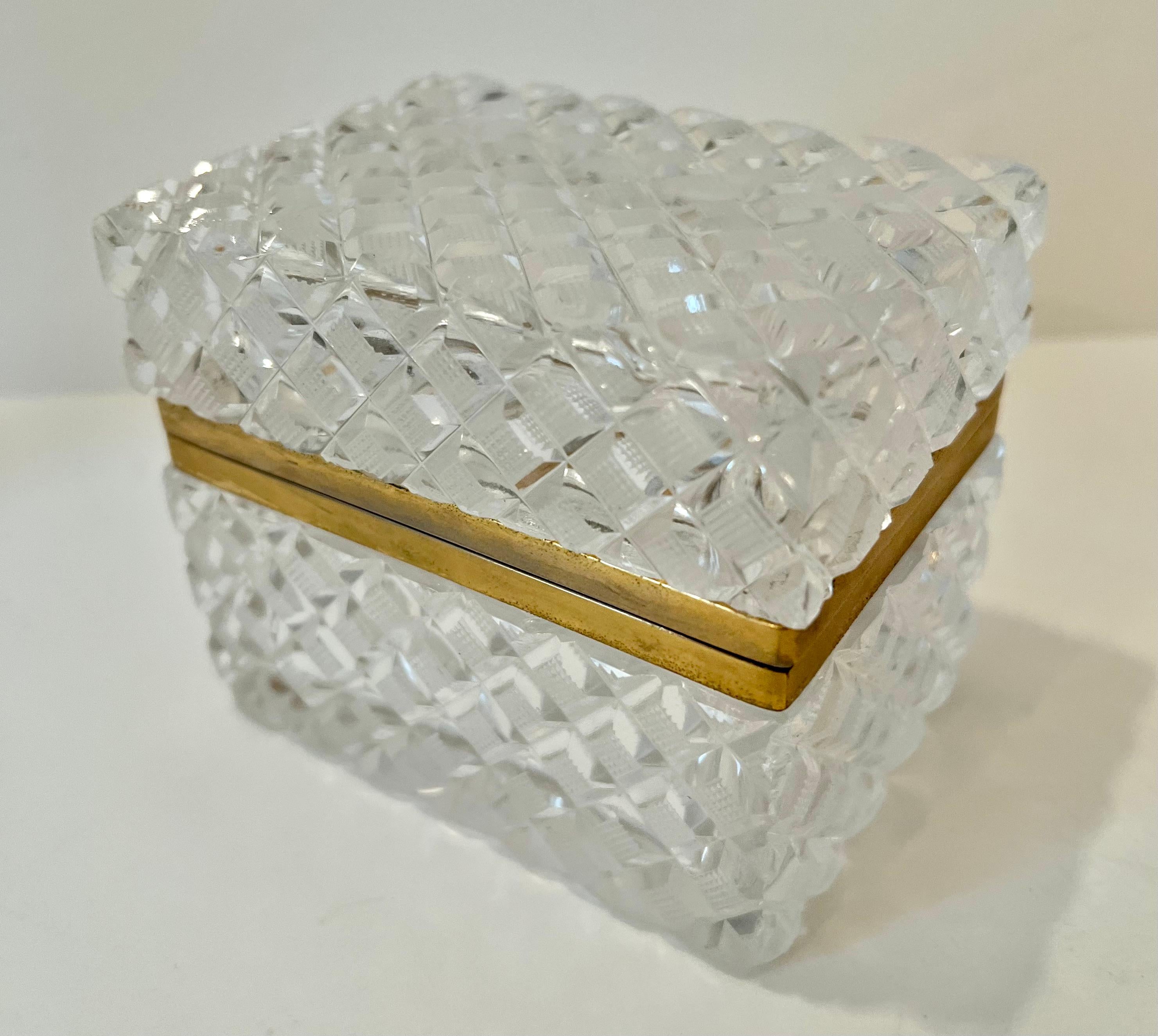 French Cut Crystal Lidded Box in the Style of Baccarat With Brass Closure For Sale