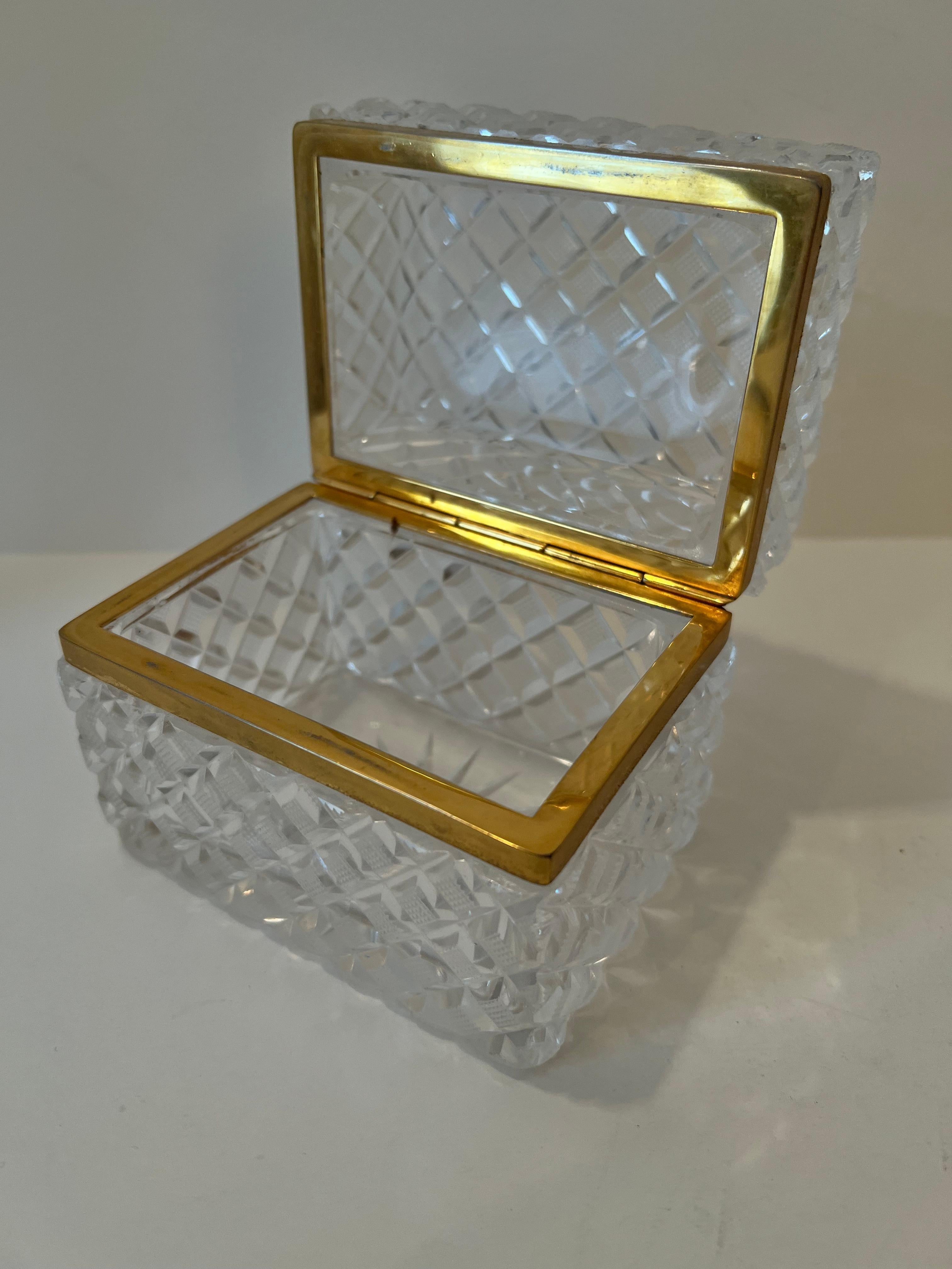 Hand-Crafted Cut Crystal Lidded Box in the Style of Baccarat With Brass Closure For Sale