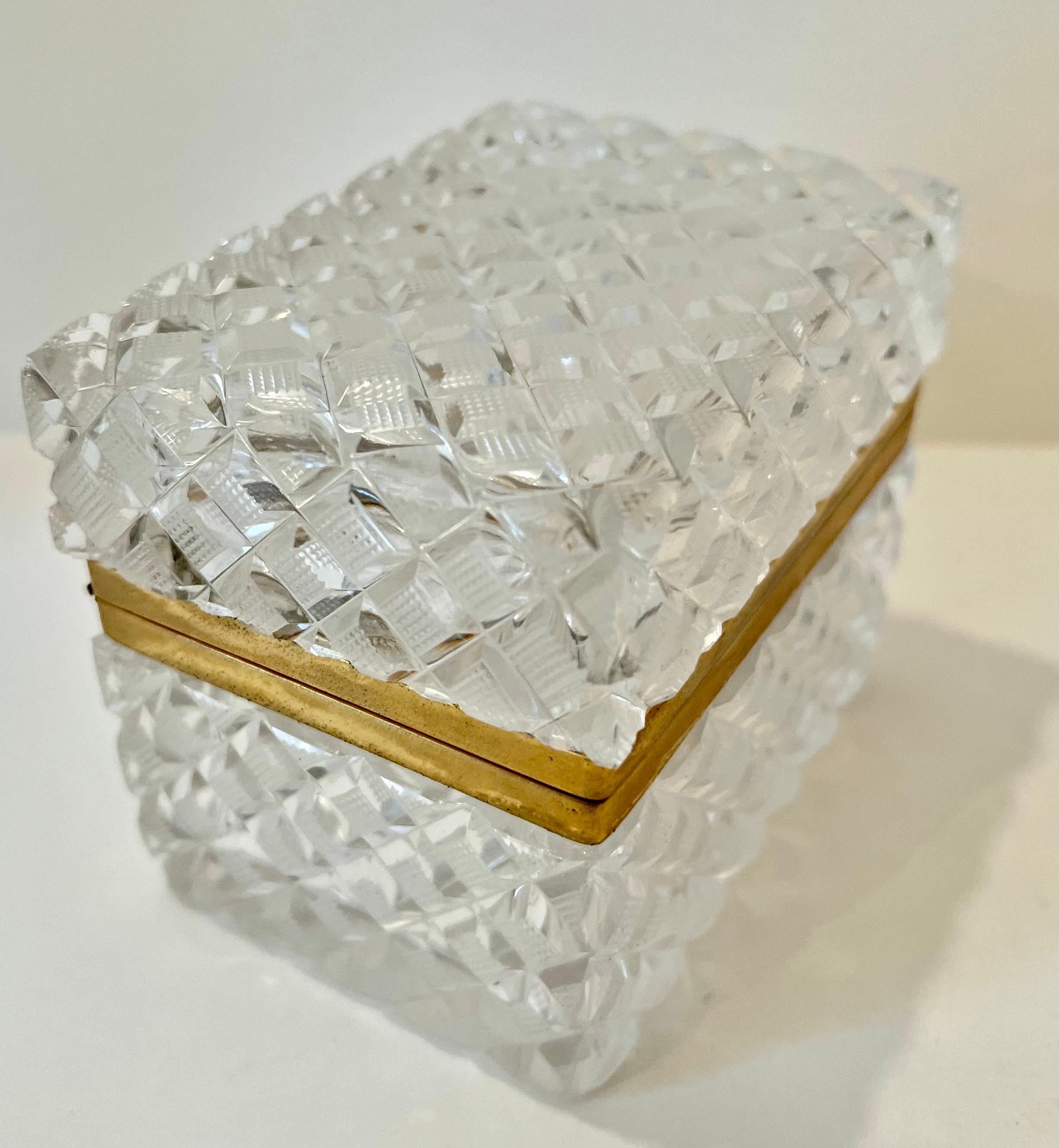 Cut Crystal Lidded Box in the Style of Baccarat With Brass Closure In Fair Condition For Sale In Los Angeles, CA