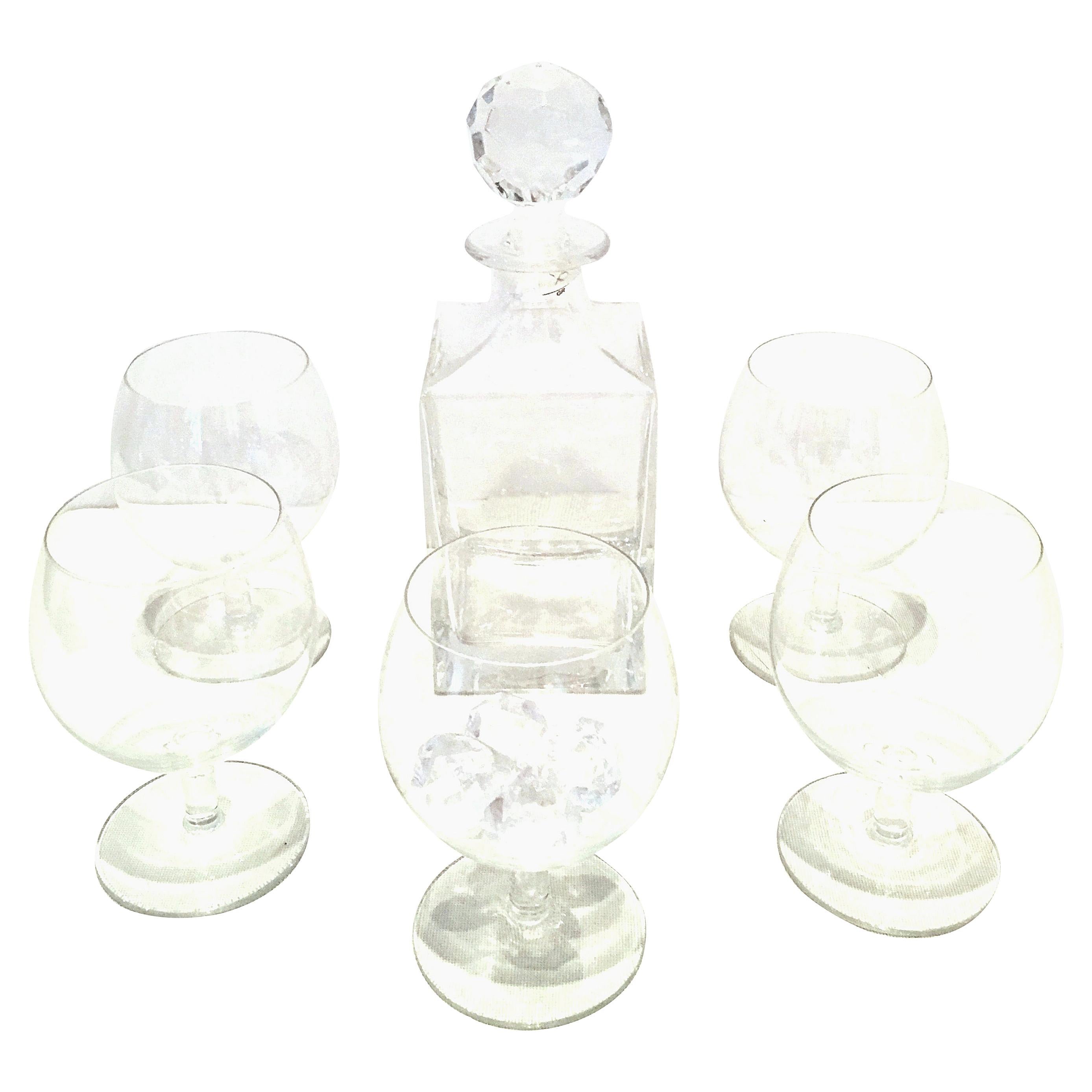 20th Century Tiffany Cut Crystal Liquor Decanter & Stem Drink Glasses, Set of 6  For Sale