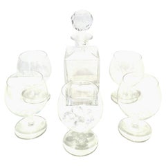 20th Century Tiffany Cut Crystal Liquor Decanter & Stem Drink Glasses, Set of 6 