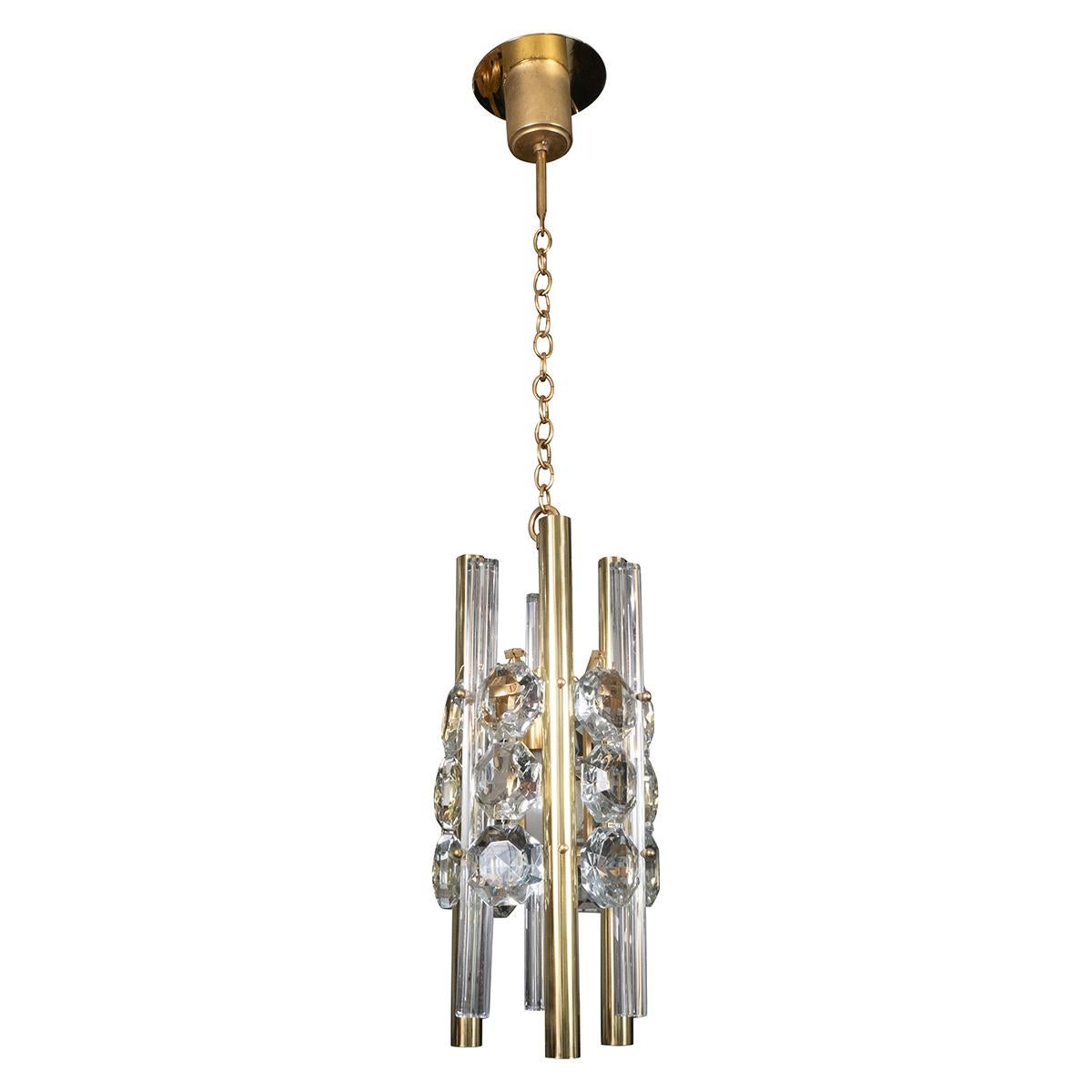 Brass pendant composed of facet-cut crystal elements and crystal rods in the style of Lobmeyr.