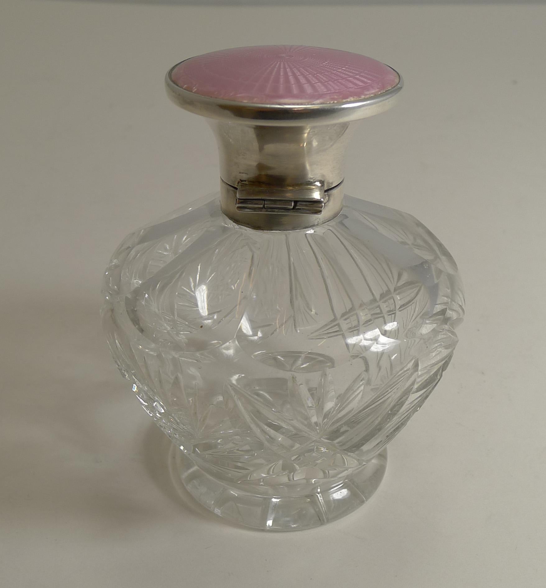 Cut Crystal Perfume Bottle, English Sterling Silver and Pink Guilloche Enamel 2