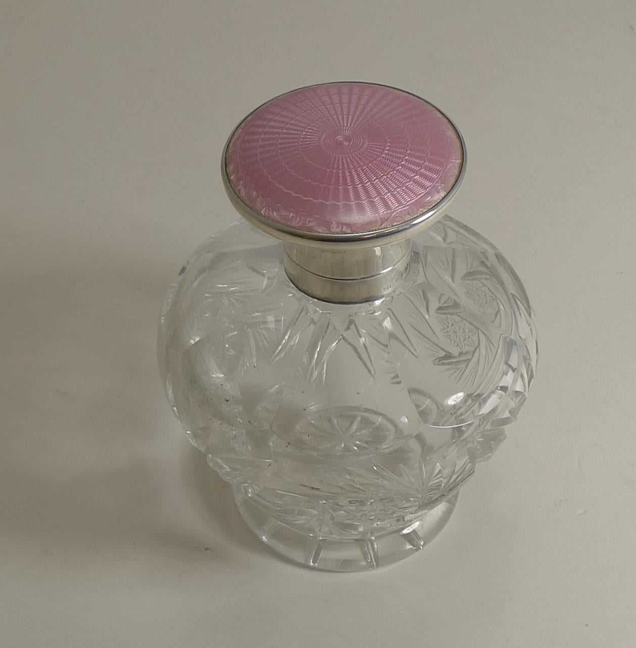 Cut Crystal Perfume Bottle, English Sterling Silver and Pink Guilloche Enamel 3