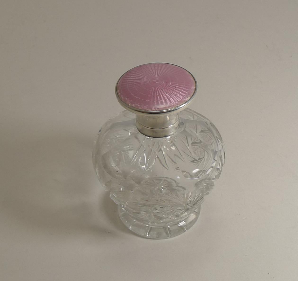 Cut Crystal Perfume Bottle, English Sterling Silver and Pink Guilloche Enamel 4